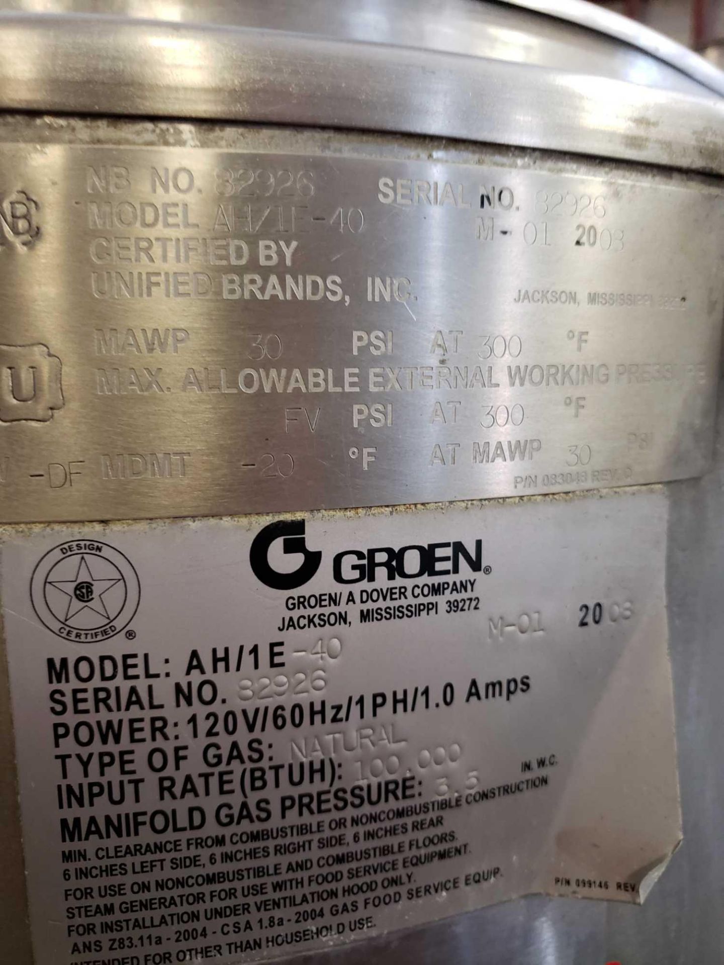 Groen model AH/1E-40, 40 gallon nat gas steam jacketed kettle. 100k btu. Mfg date 2008. - Image 2 of 10