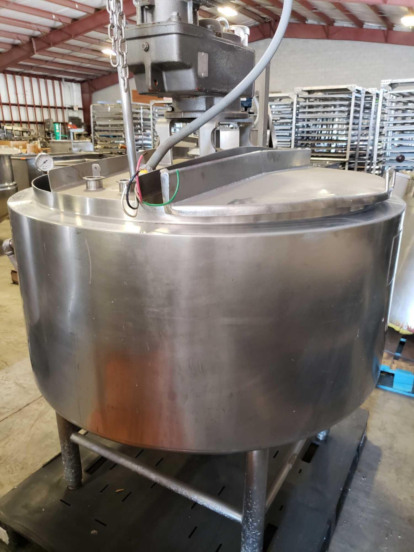 Stainless jacketed steam kettle with mixer and top as pictured. Approx dimensions 48" diameter x 32" - Image 10 of 10