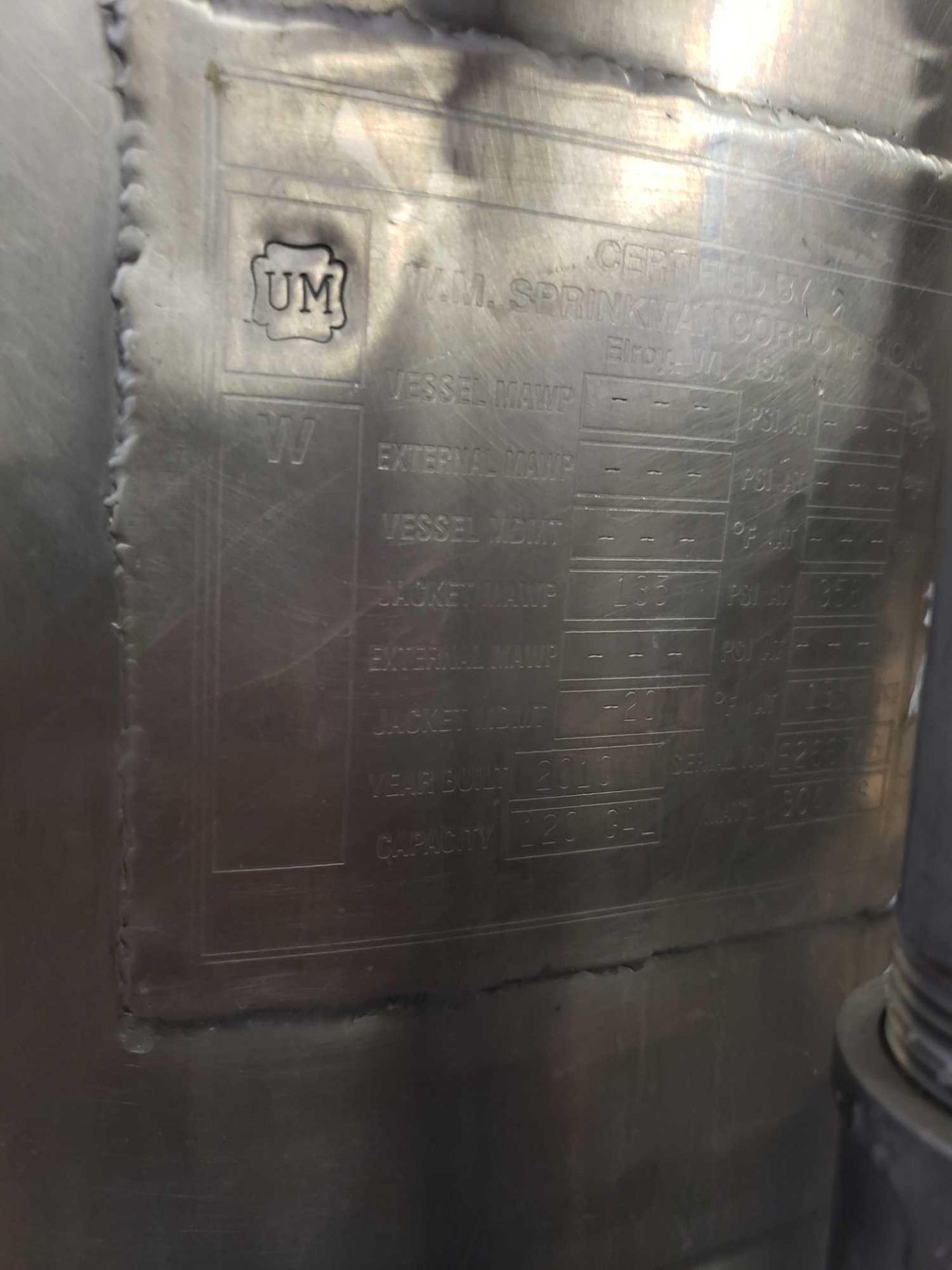 120 gallon Stainless steel jacketed mixer kettle, 48" diameter, 28" interior depth, 2010 model year. - Image 7 of 12