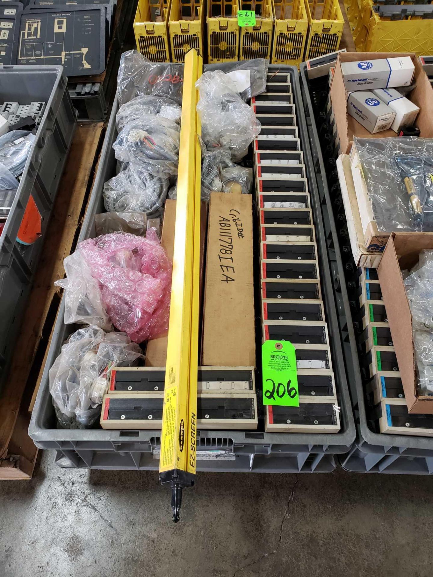 Plastic container of assorted electrical, boards, controls, etc.