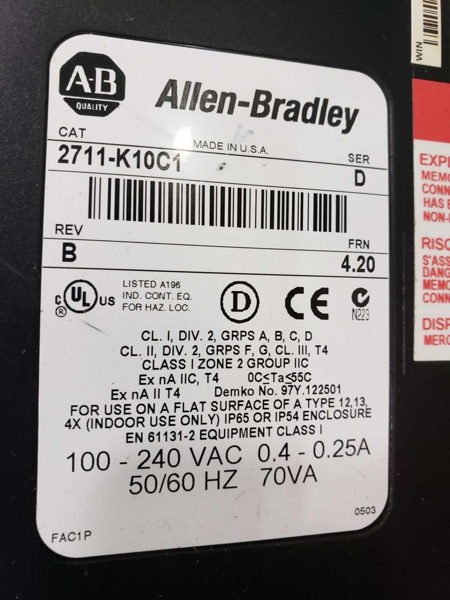 Allen Bradley Panelview 1000 catalog 2711-K10C1. - Image 2 of 2