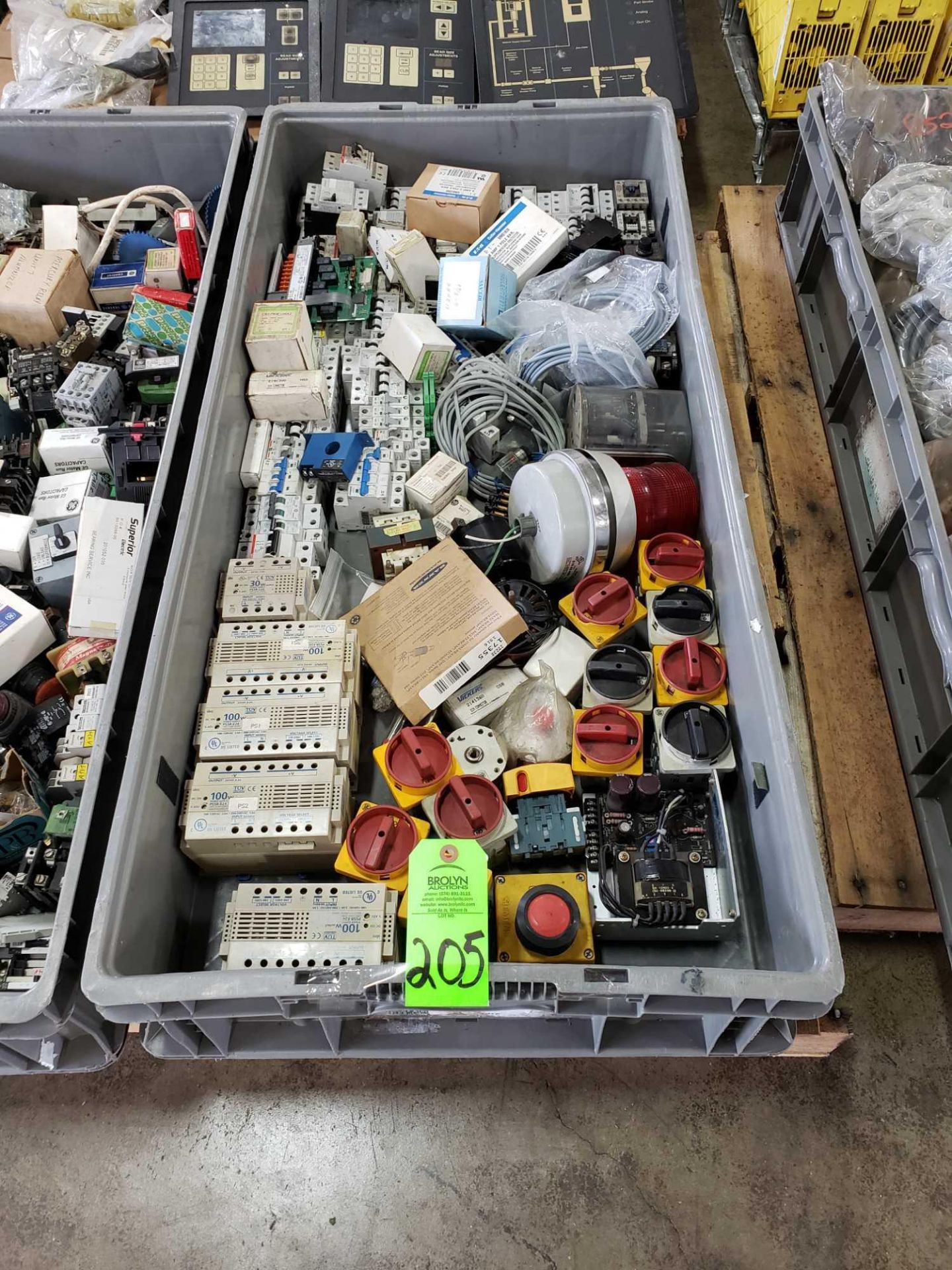 Plastic container of assorted electrical, boards, controls, etc.