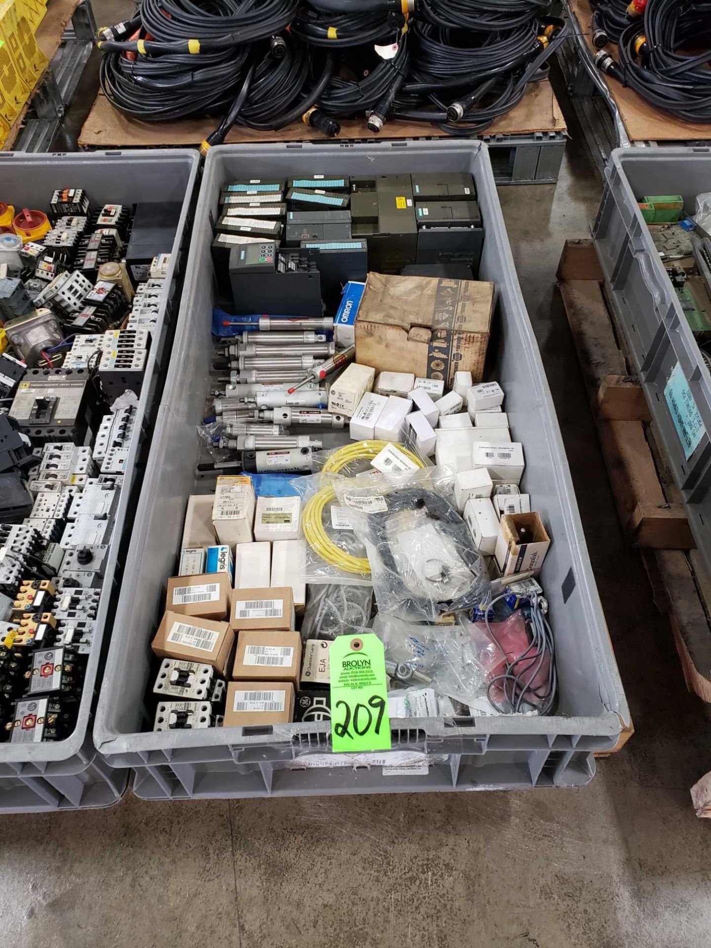 Plastic container of assorted electrical, boards, controls, etc.