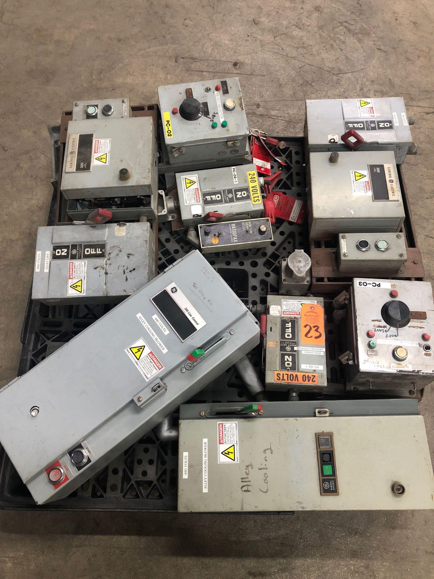 Pallet of assorted electrical boxes, main disconnects, etc.