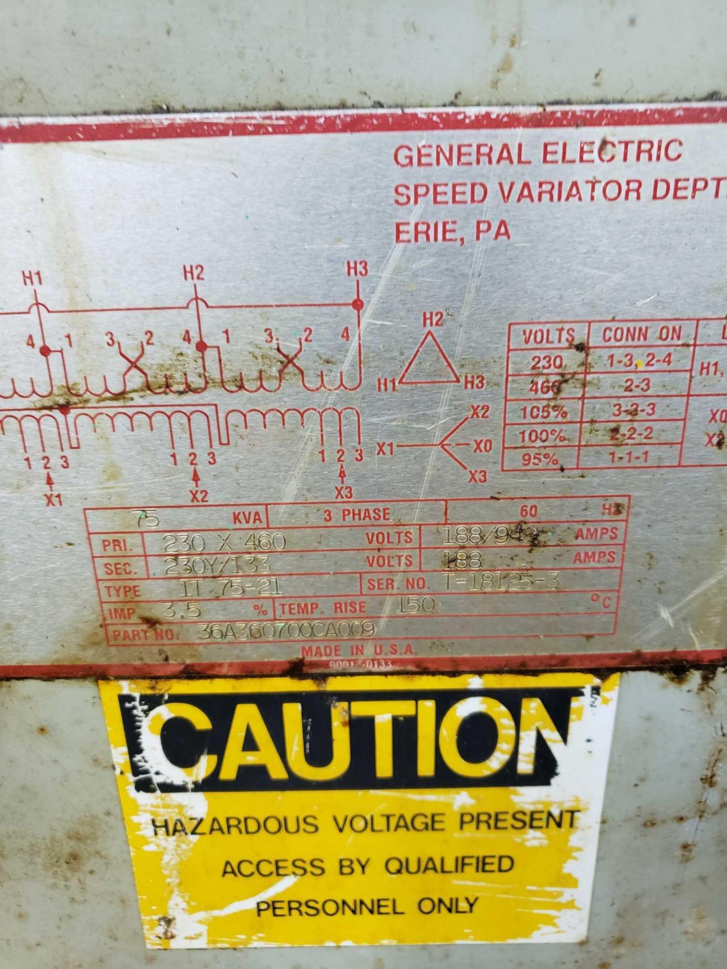 GE 75kva transformer model 36A360700CA009, 460v. - Image 2 of 2