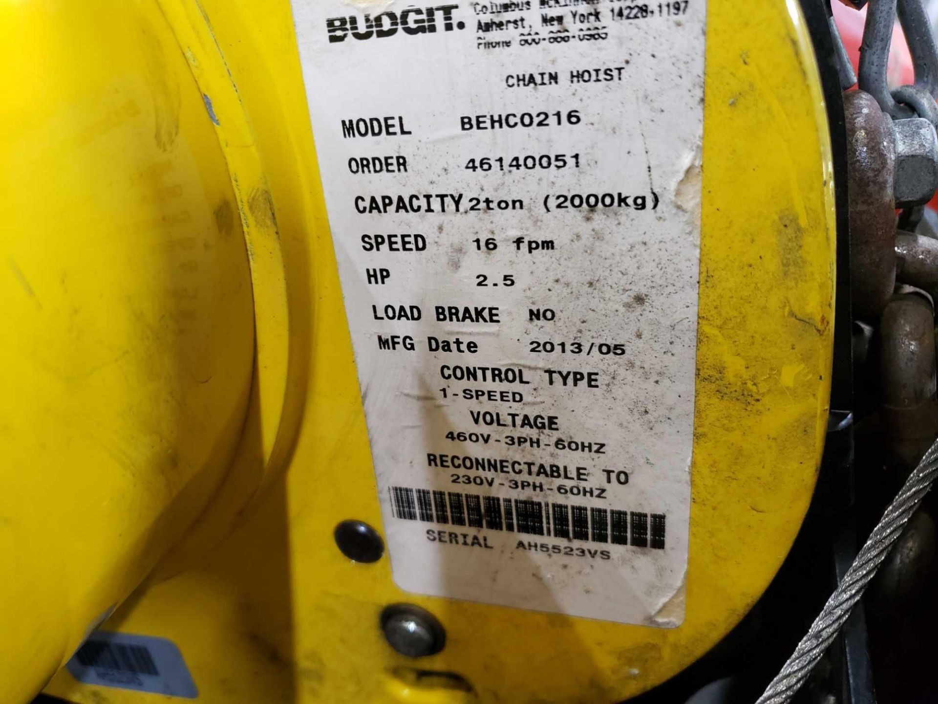 Budgit 2 ton hoist model BEDCO216. 460v, 3 phase. 16fpm lift sppeed. - Image 5 of 5