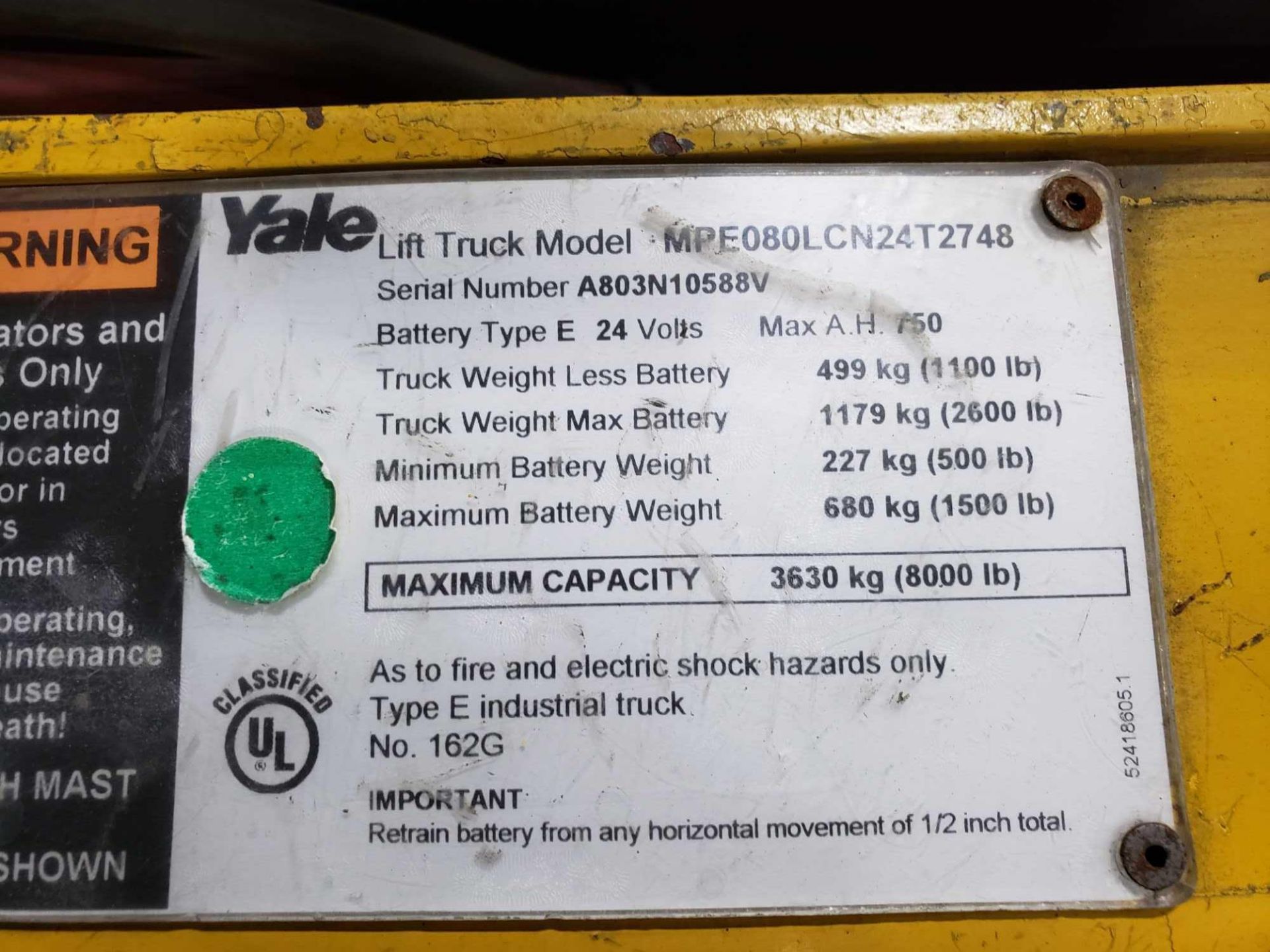 Yale model MPE080LCN24T2748 ride on power pallet jack. 8000lb capacity. 24v, 750aH max. - Image 4 of 6