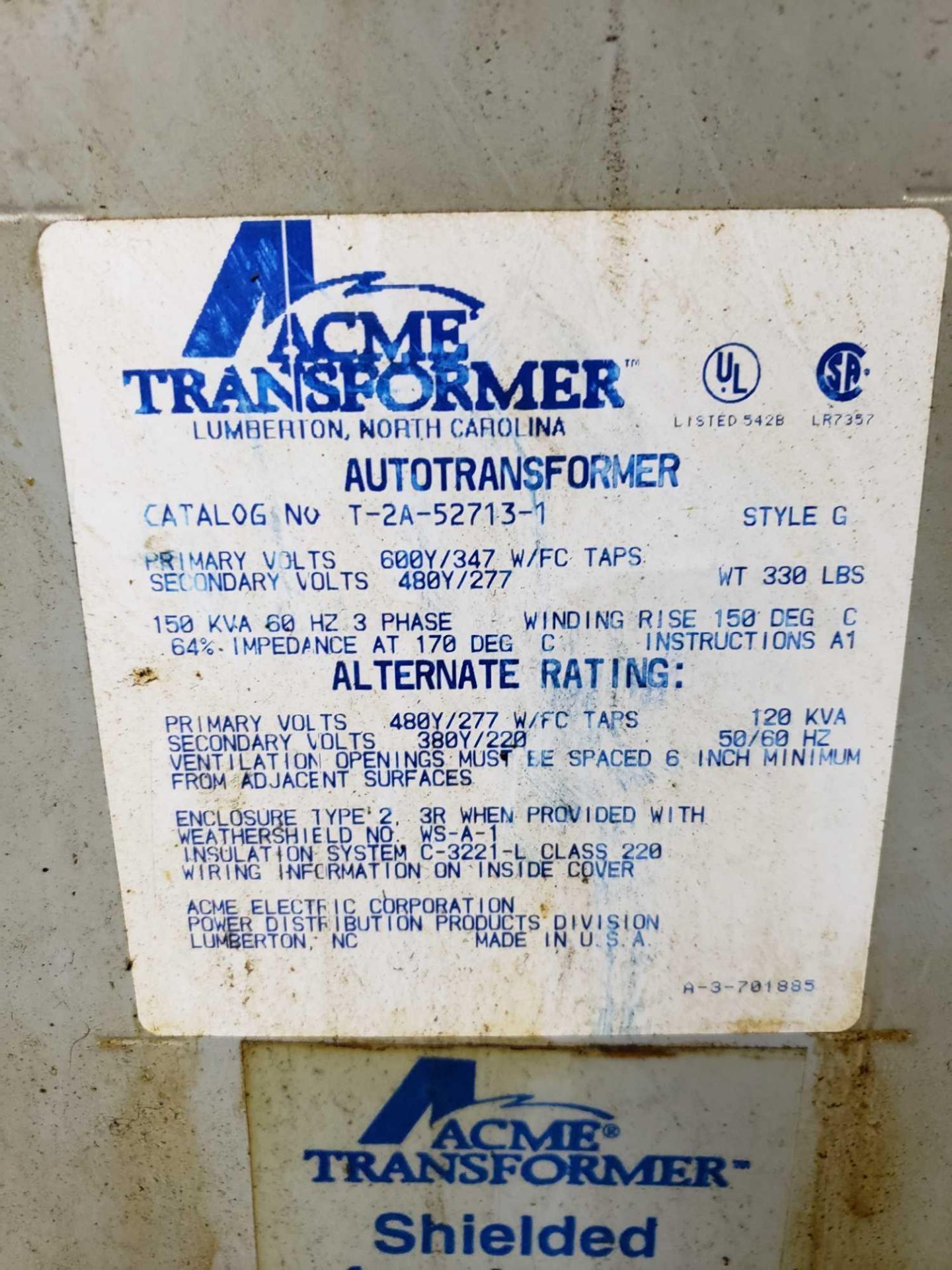 Acme 120kVa transformer model T-2A-52713-1, 600v, 3 phase. - Image 2 of 2