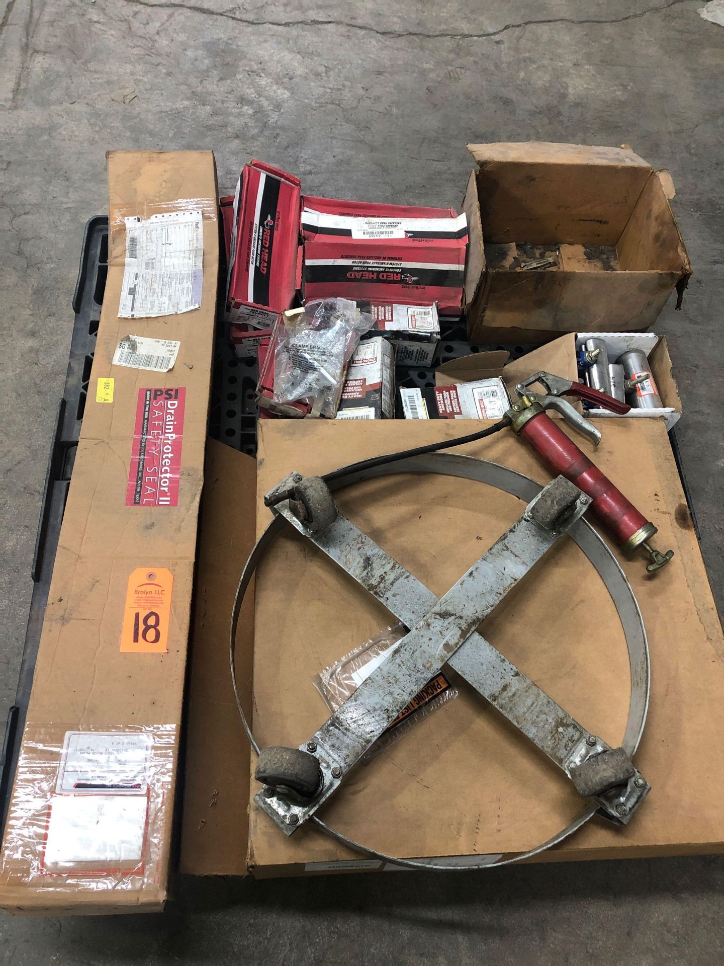 Pallet of assorted parts. Barrel cart, Redhead anchors, convex safety mirror new in box and more.