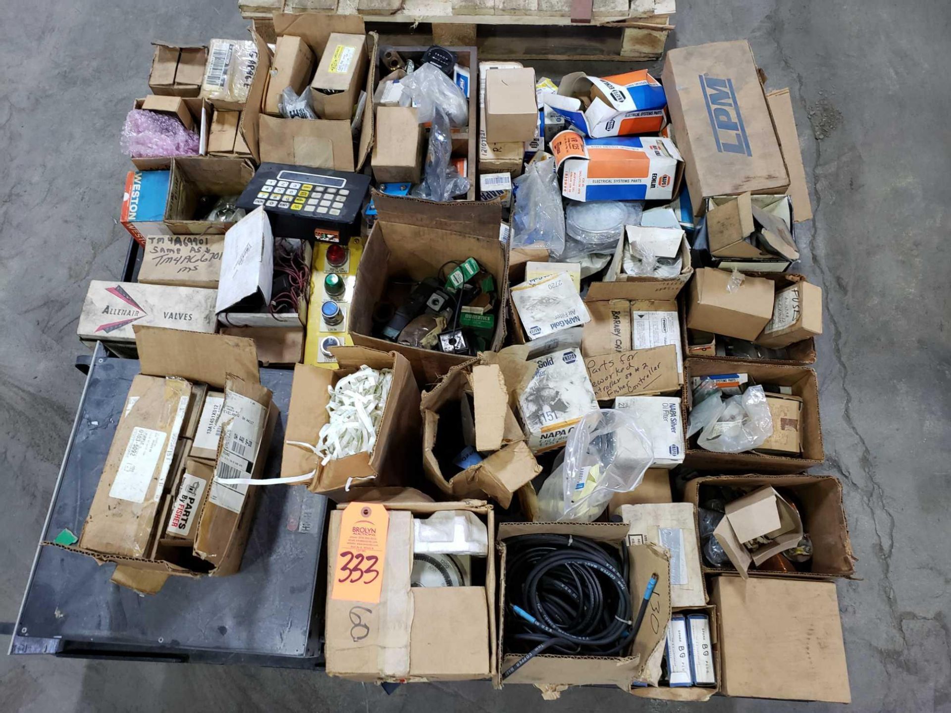 Pallet of assorted repair parts and electrical.