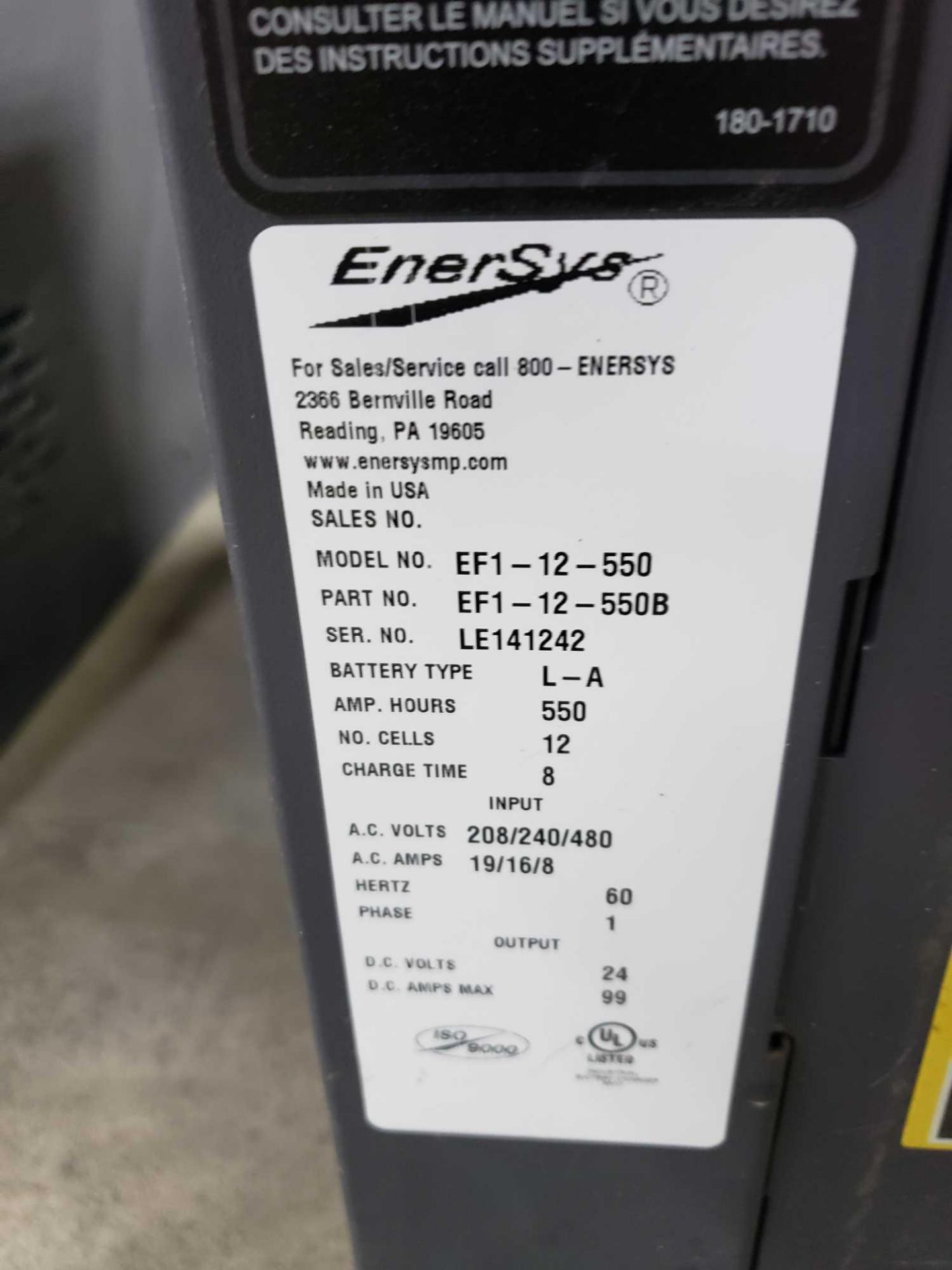 Enersys Enforcer Ferro Model EF1-12-550 battery charger. 24v, 550aH, 208/240/480v input. - Image 2 of 2