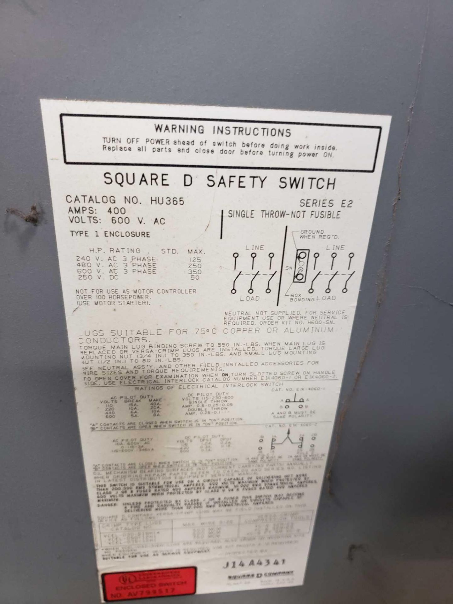 Square D catalog number HU365 safety switch. 400amp, 600vac. - Image 4 of 6