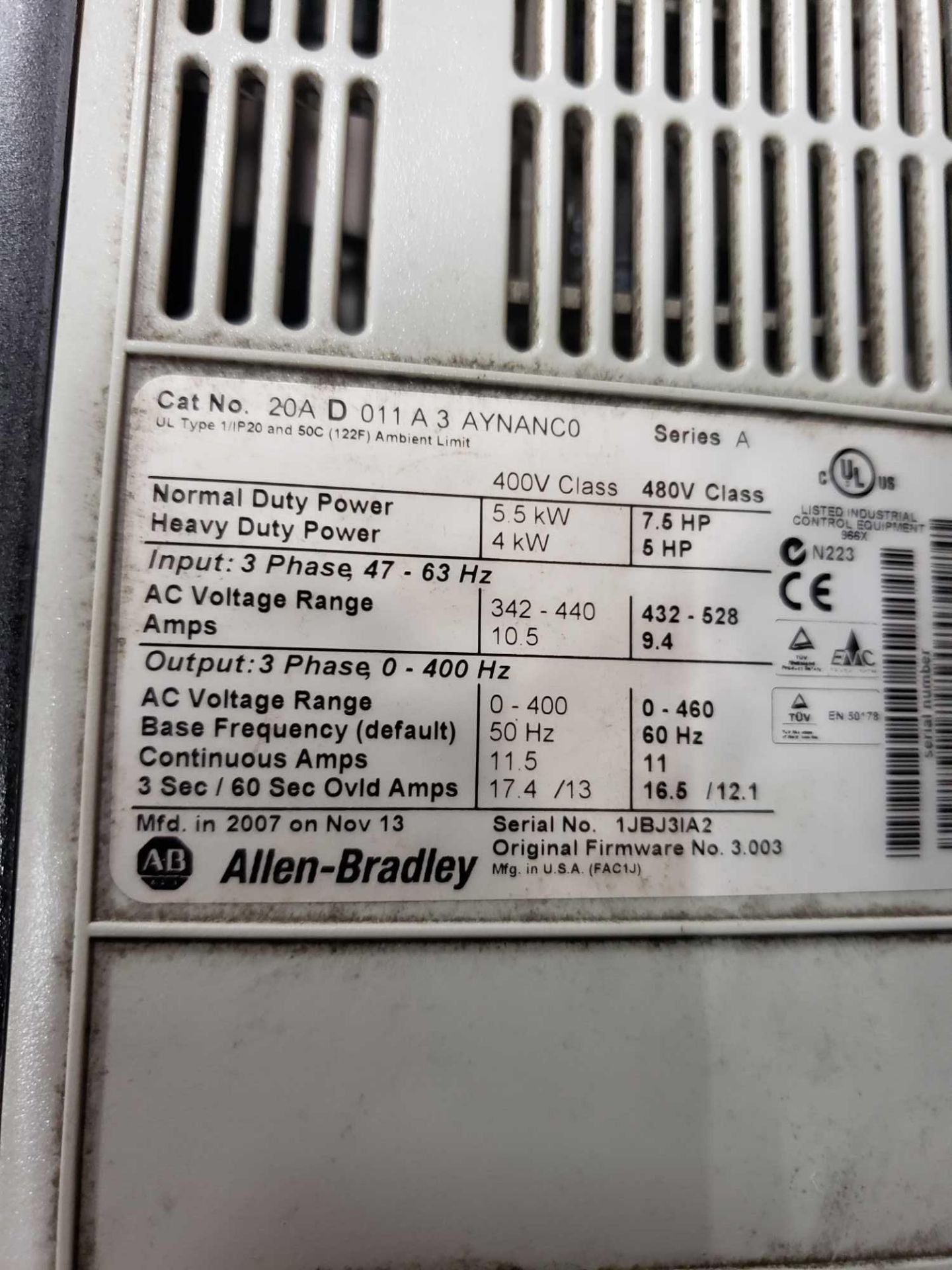Allen Bradley Powerflex 70 drive. Catalog number 20A-D-011-A-3-AYNANC0. - Image 2 of 2