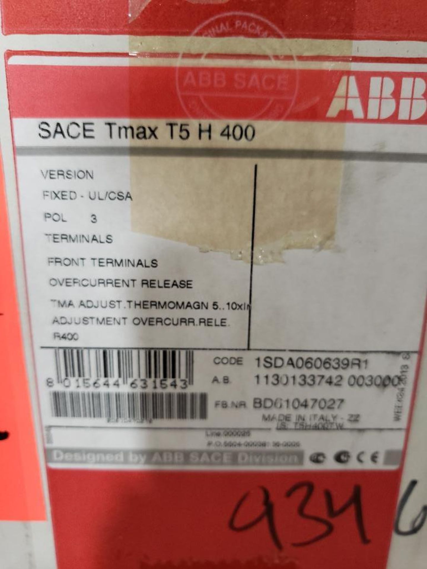 Qty 1 - ABB SACE Tmax breaker model T5H400. New in box. - Image 2 of 2