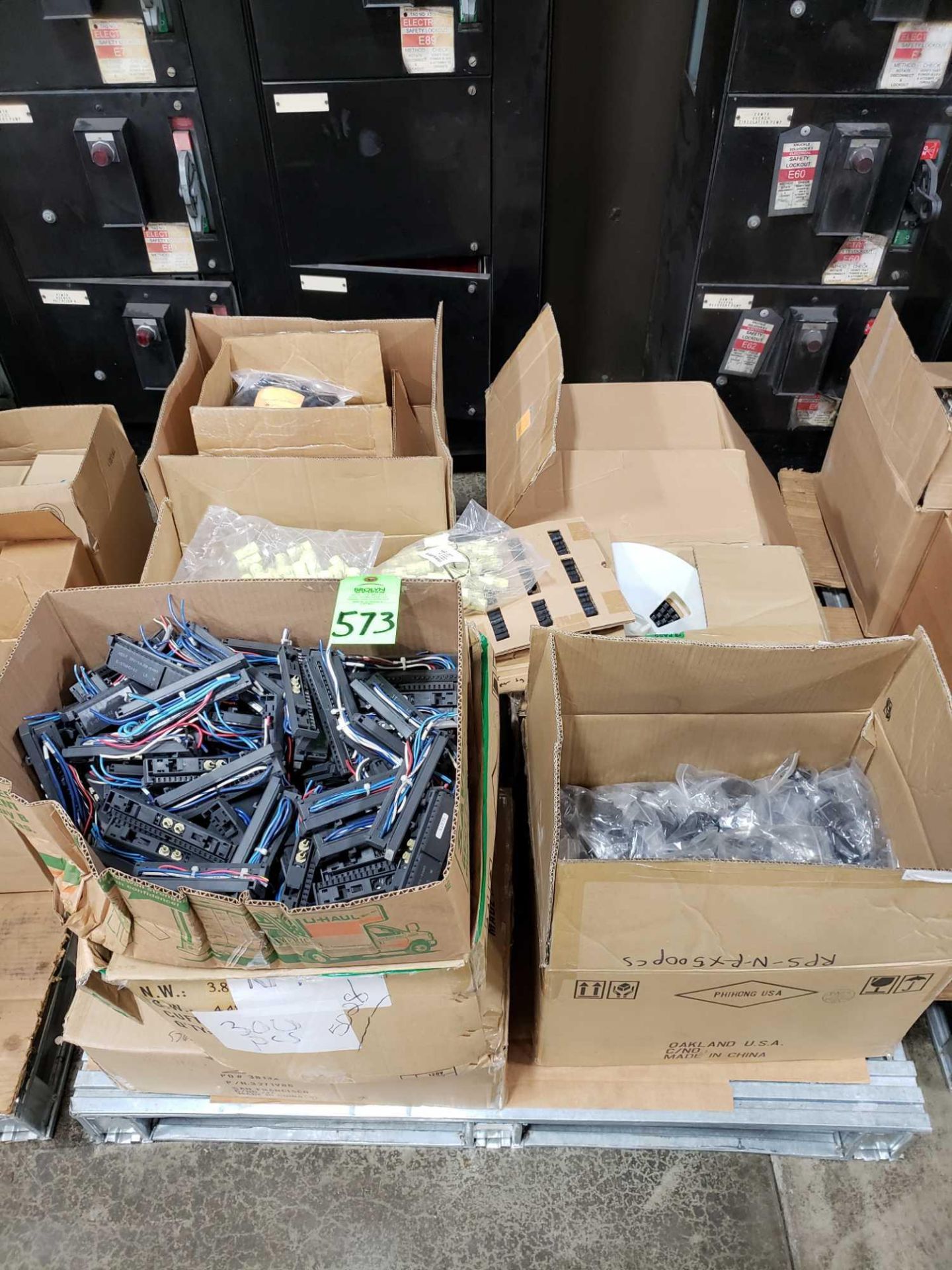 Pallet of assorted electrical parts.