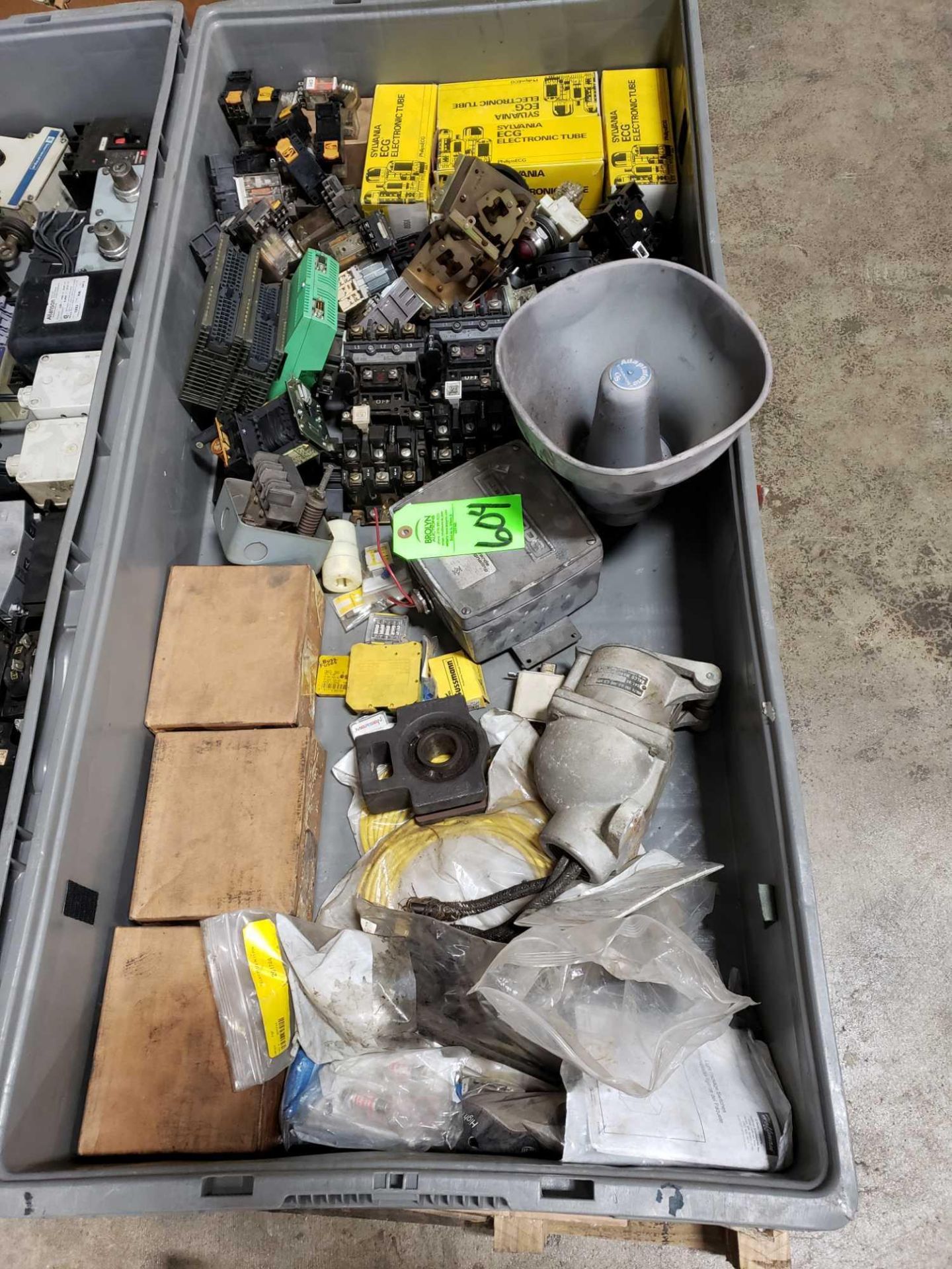 Bin of assorted parts and electrical.