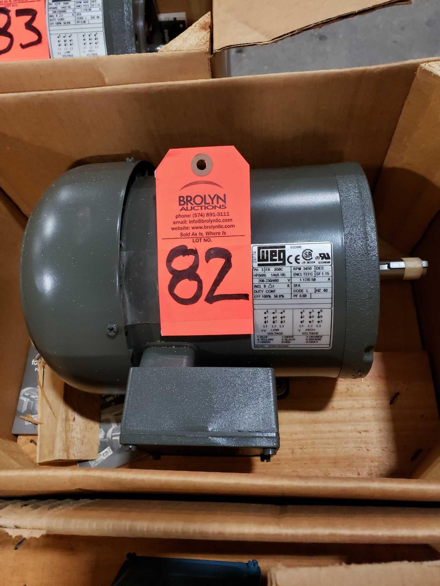 WEG motor model 2536ES3EB56C, 1/4hp, 208-230/460v, 3 phase. New in box.