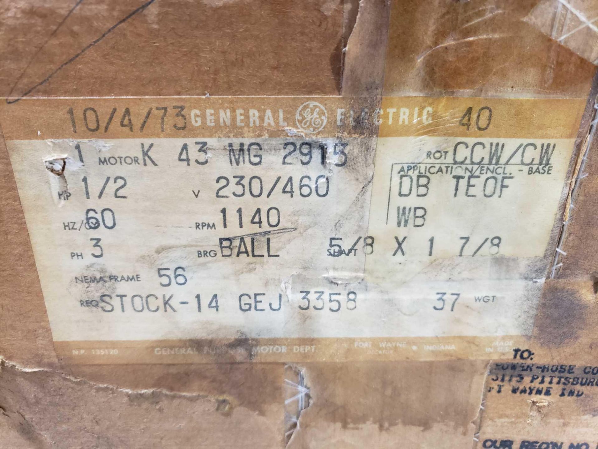 GE motor, model K43MG2913, 1/2hp, 3 phase, 230/460v single phase. New in box. - Image 3 of 3