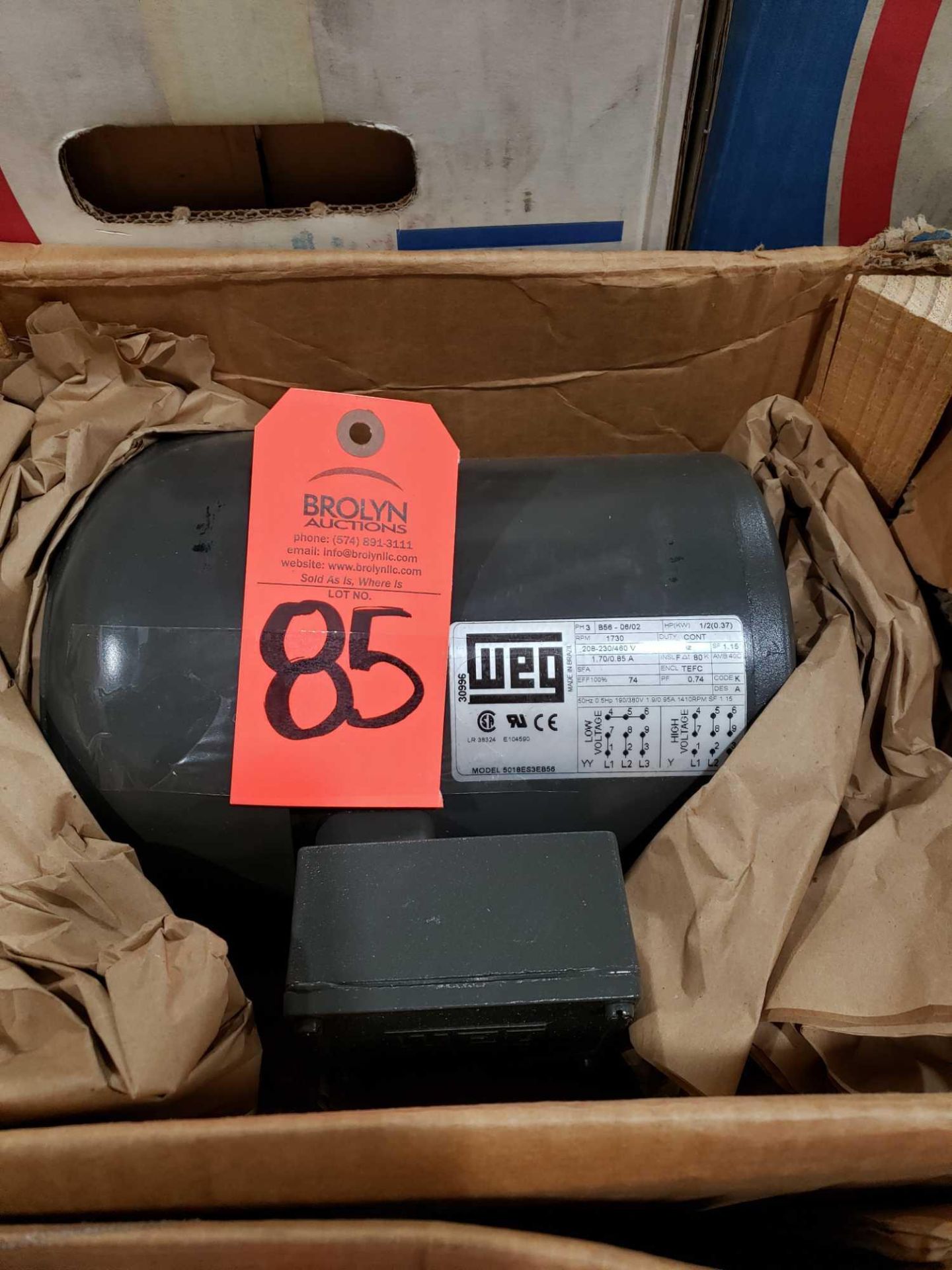 WEG motor model 5018ES3EB56, 1/2hp, 3 phase, 208-230/460v. New in box.