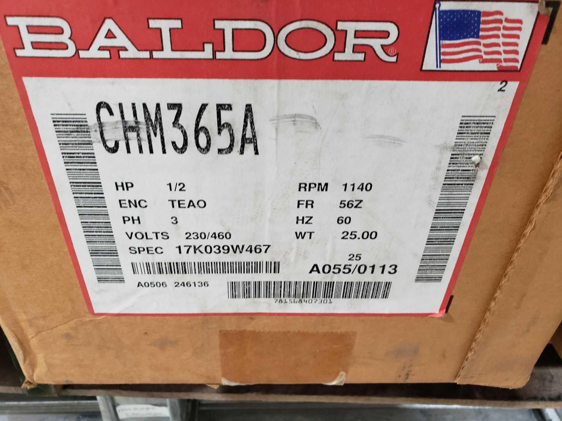 Baldor motor model CHM365A, 1/2hp, 3 phase, 230/460v. New in box. - Image 3 of 3