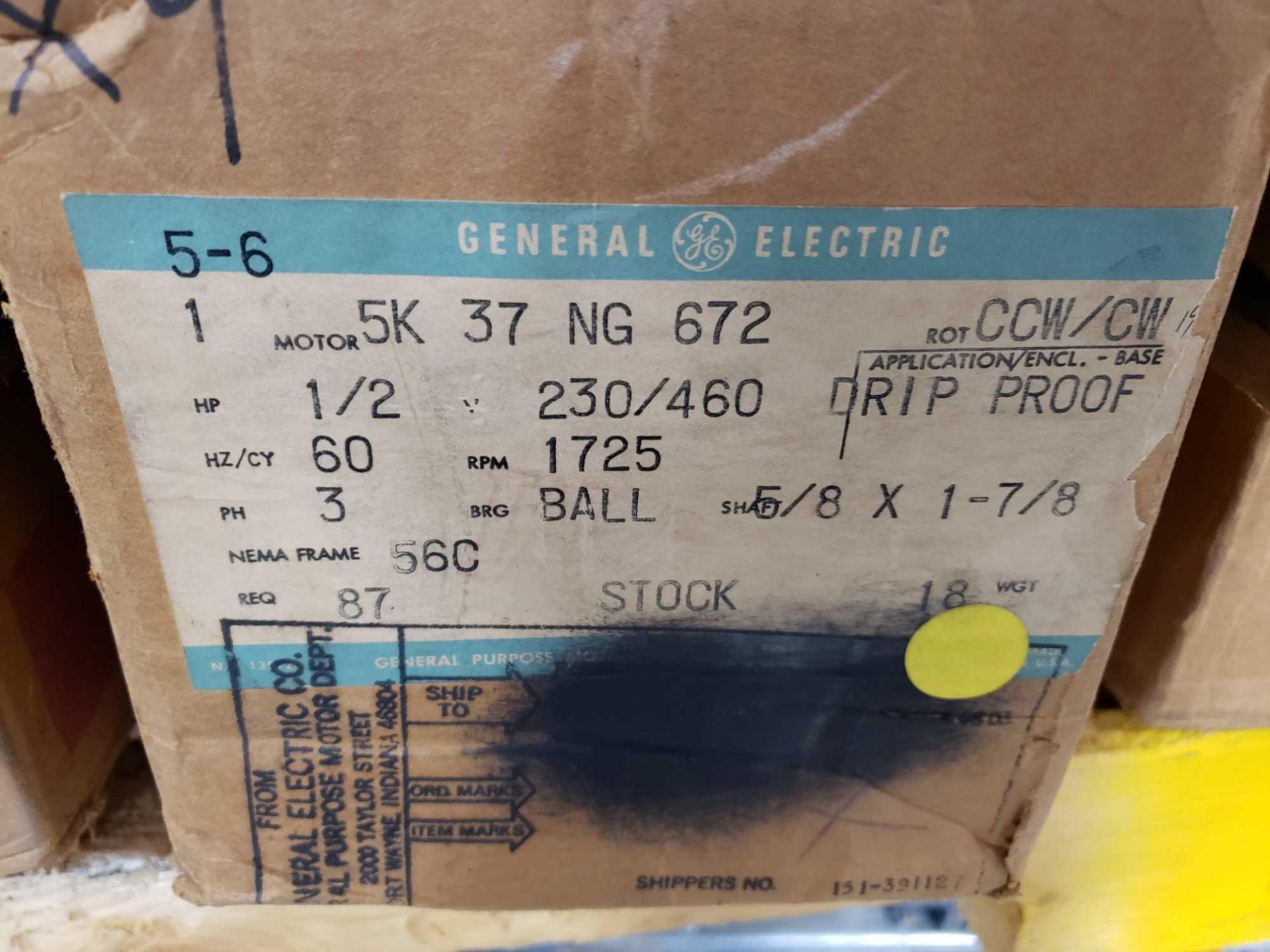 GE motor, model 5K37NG672, 1/2hp, 3 phase, 230/460v motor. New in box. - Image 2 of 2