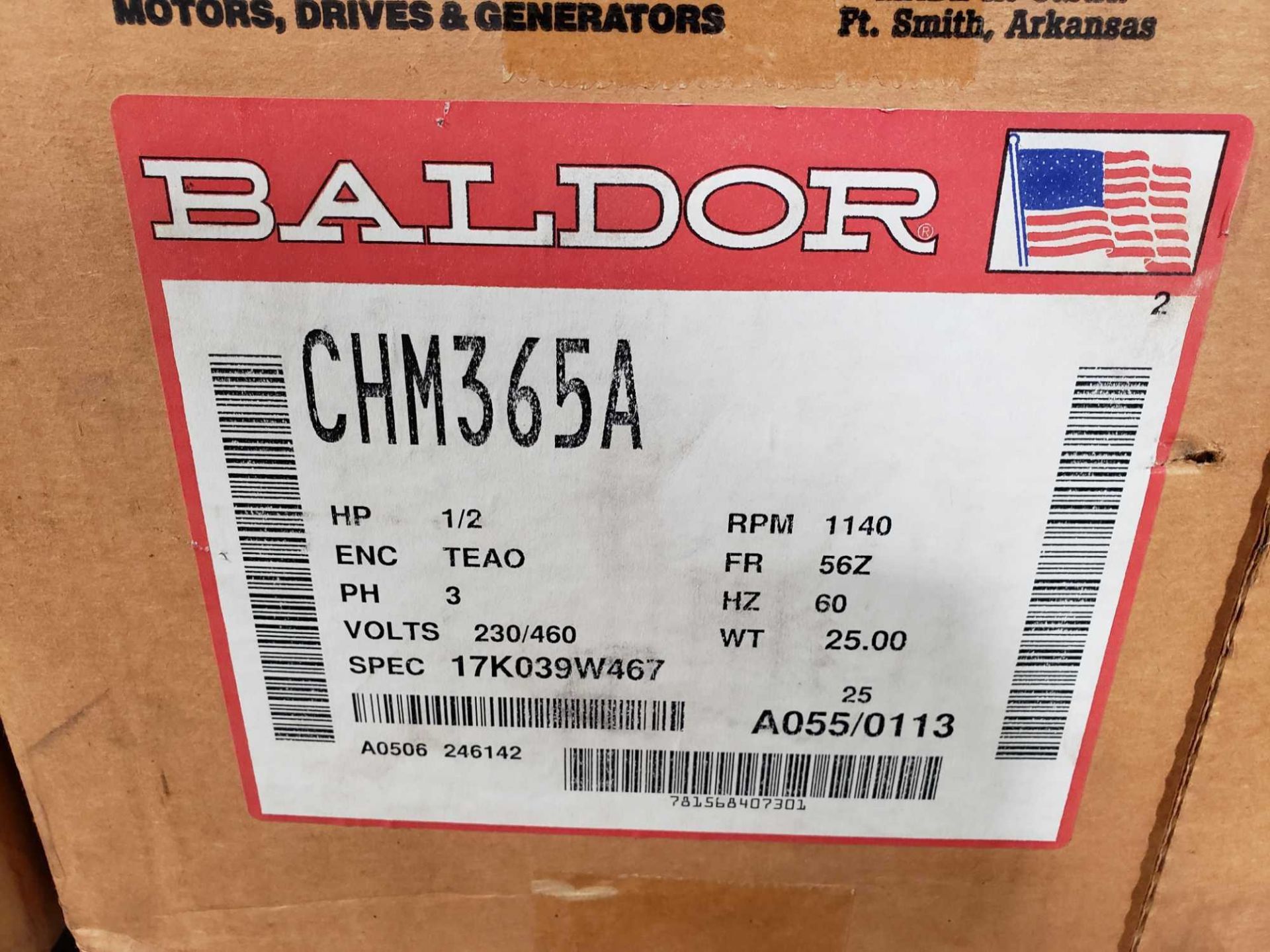 Baldor motor model CHM365A, 1/2hp, 3 phase, 230/460v. New in box. - Image 3 of 3