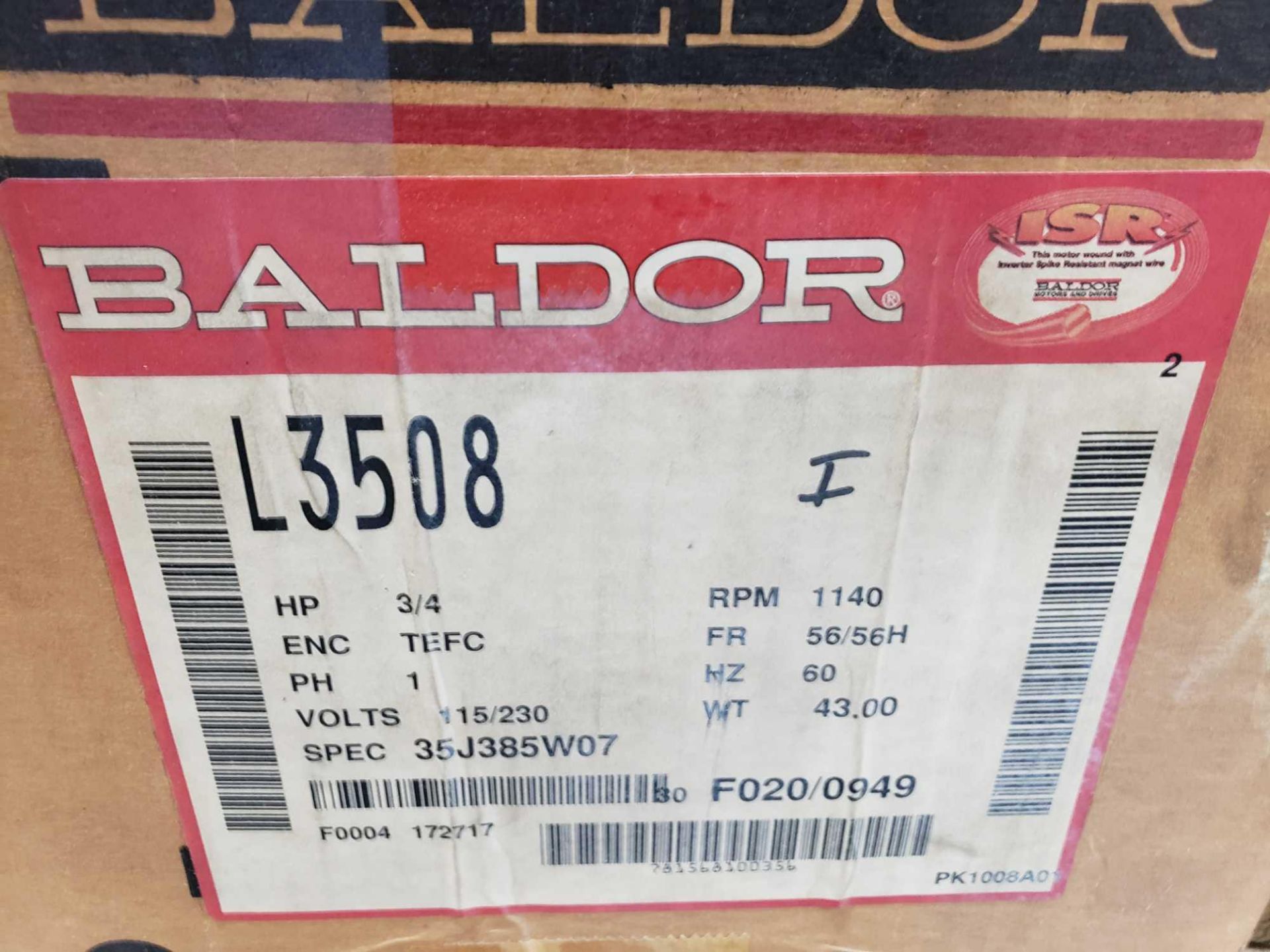 Baldor motor model L3508, 3/4 hp, single phase, 115/230v. New in box. - Image 2 of 2