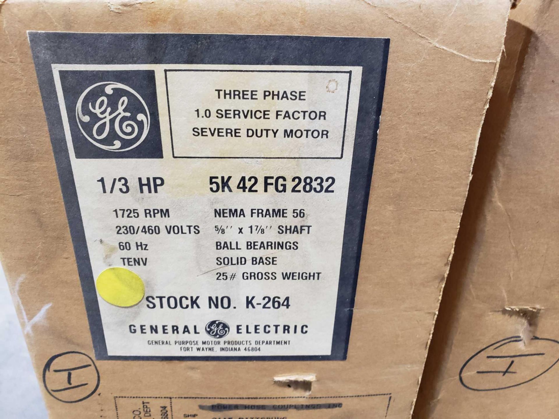 GE motor stock K-264, model 5K42FG2832, 1/3hp, 3 phase, 230/460v. New in box. - Image 2 of 2