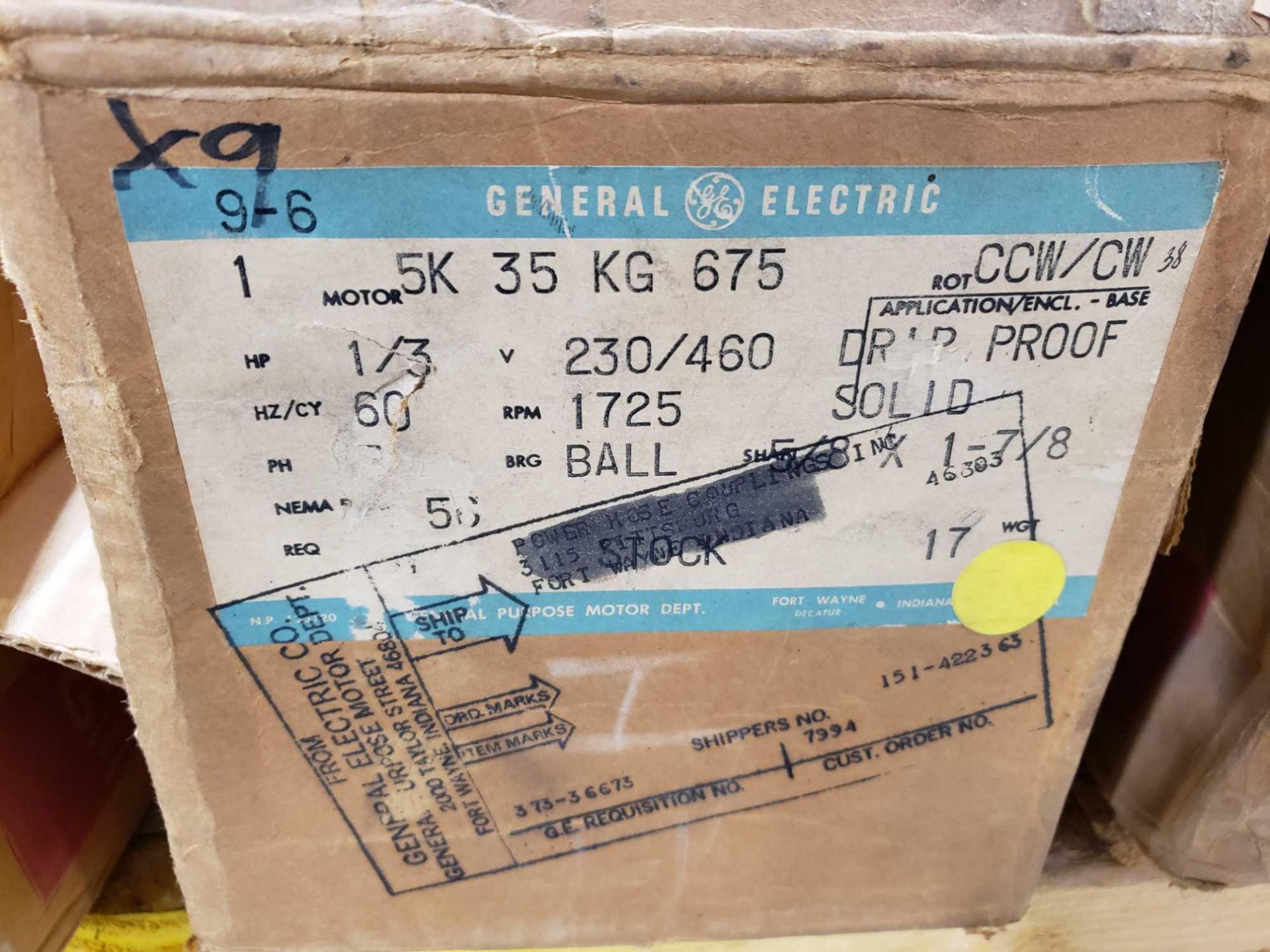 GE motor , model 5K35KG675, 1/3hp, 3 phase, 230/460v. New in box. - Image 3 of 3