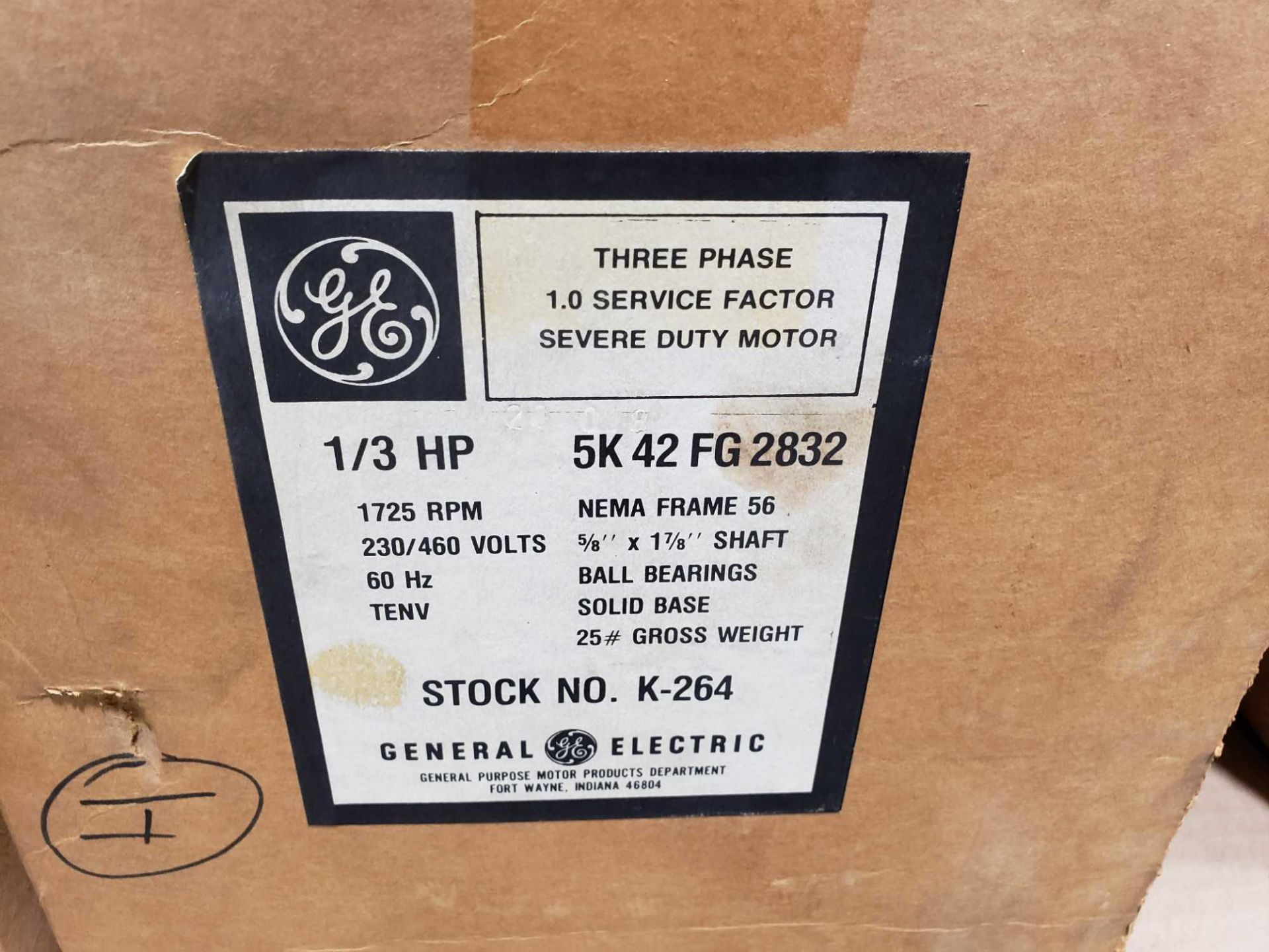 GE motor stock K-264, model 5K42FG2832, 1/3hp, 3 phase, 230/460v. New in box. - Image 2 of 2