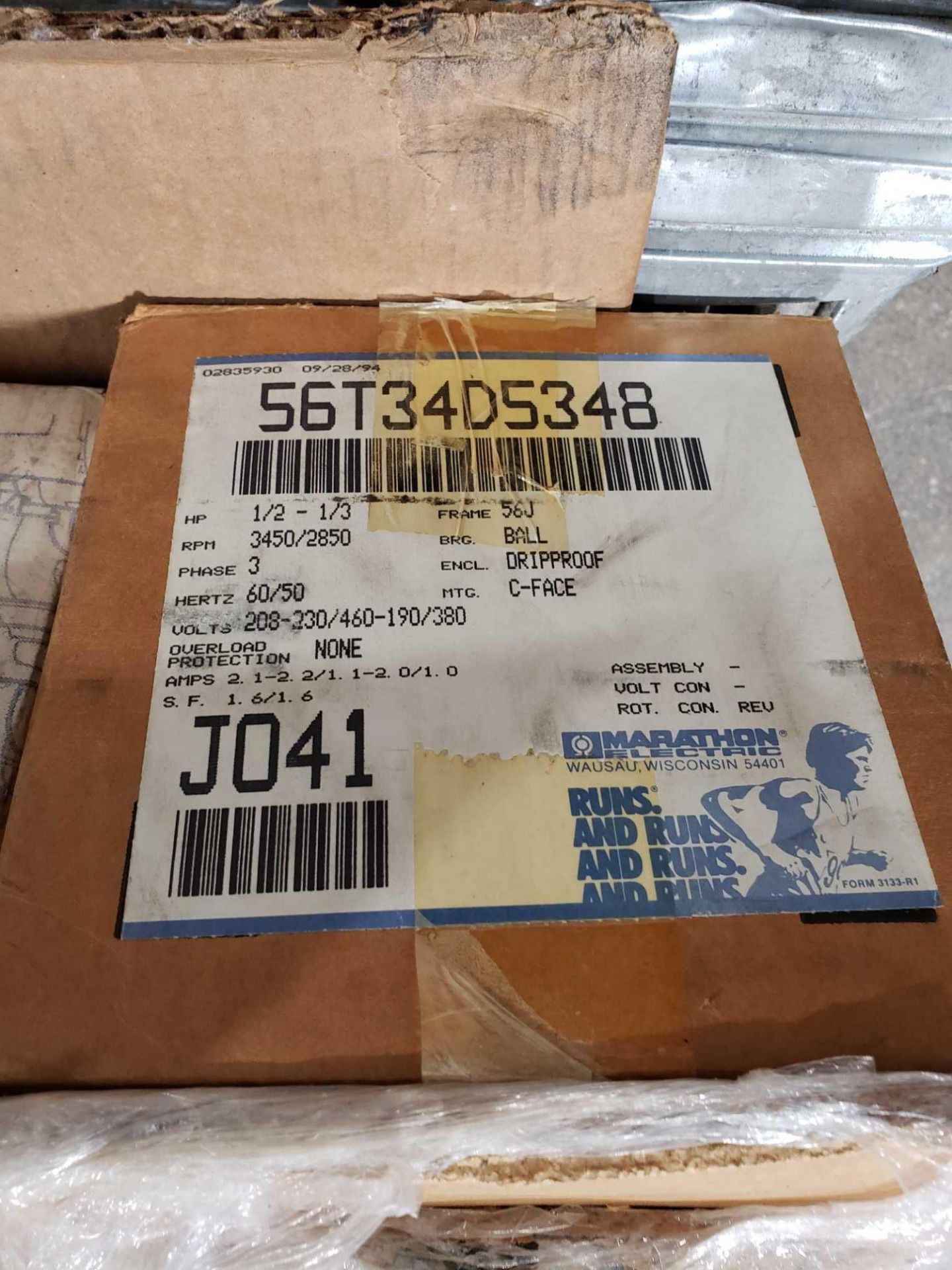 Marathon motor model 56T34D5348, 1/2-1/3 hp, 3 phase. New in box. - Image 3 of 3