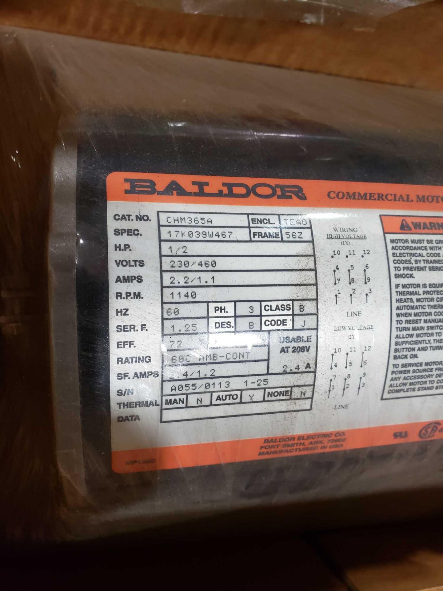 Baldor motor model CHM365A, 1/2hp, 3 phase, 230/460v. New in box. - Image 2 of 3