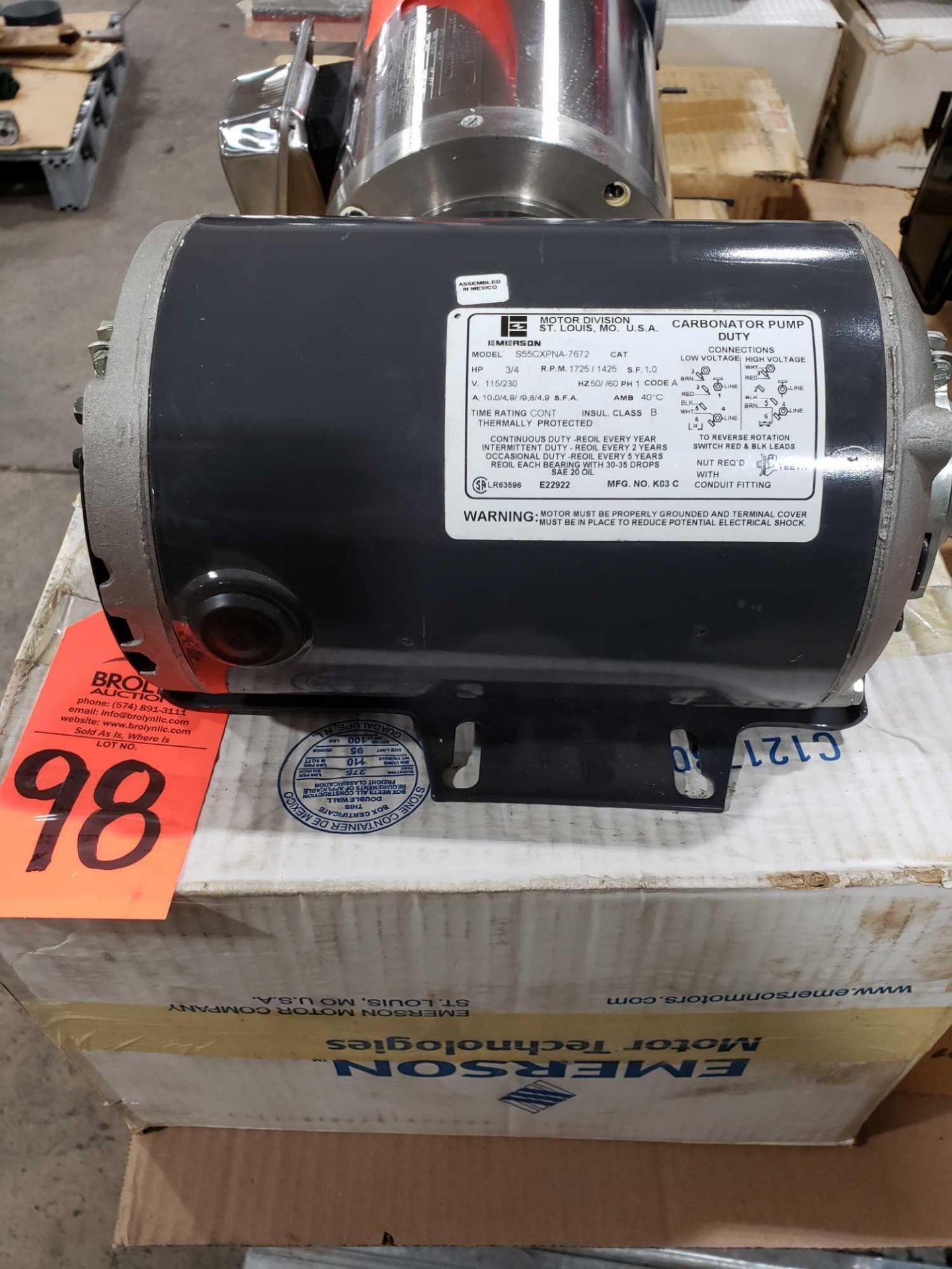 Emerson motor model S55CXPNA-7672, 3/4hp, single phase, 115/230v. New in box.