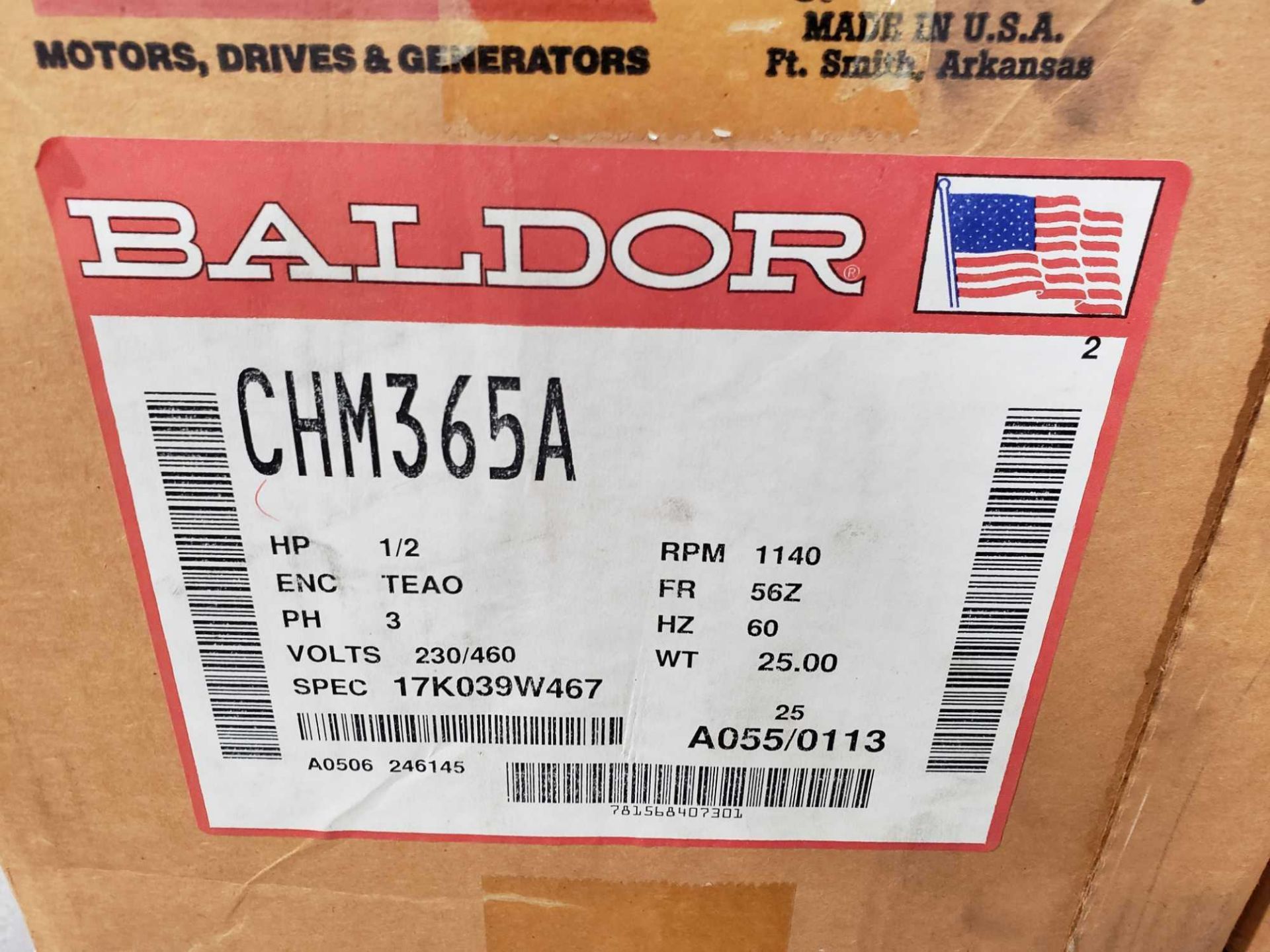 Baldor motor model CHM365A, 1/2hp, 3 phase, 230/460v. New in box. - Image 3 of 3