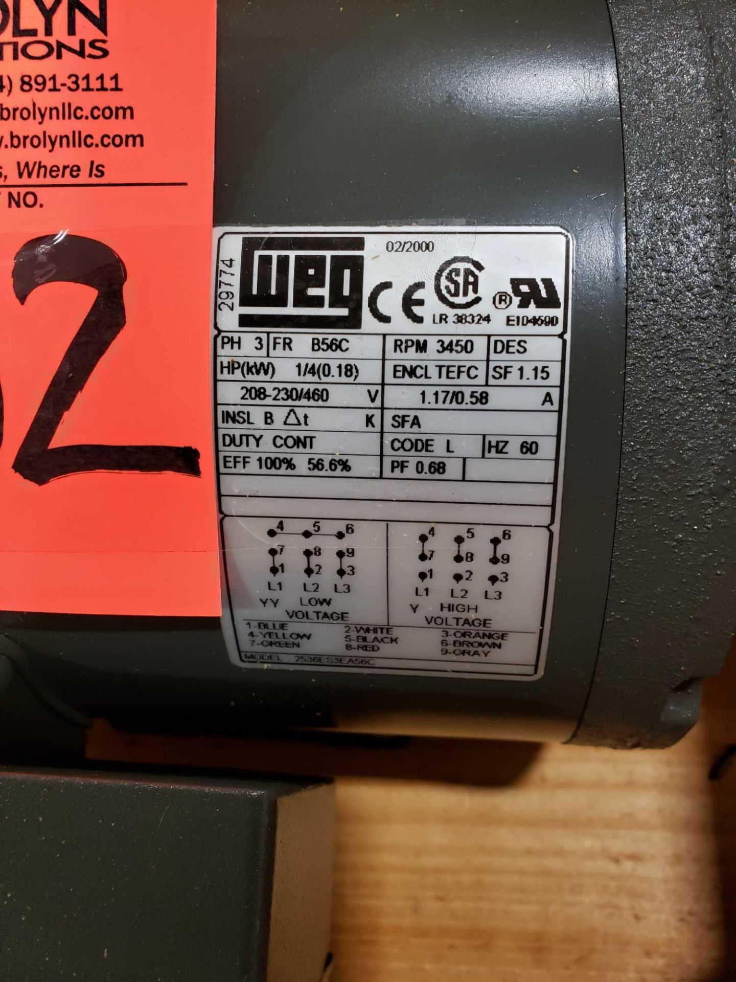 WEG motor model 2536ES3EB56C, 1/4hp, 208-230/460v, 3 phase. New in box. - Image 2 of 3