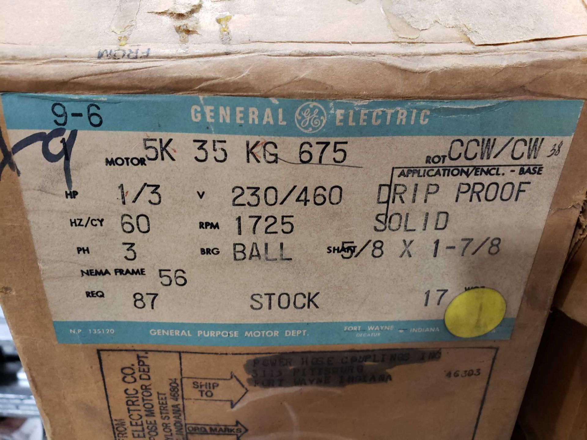 GE motor, model 5K35NG675, 1/3hp, 3 phase, 230/460v motor. New in box. - Image 2 of 2