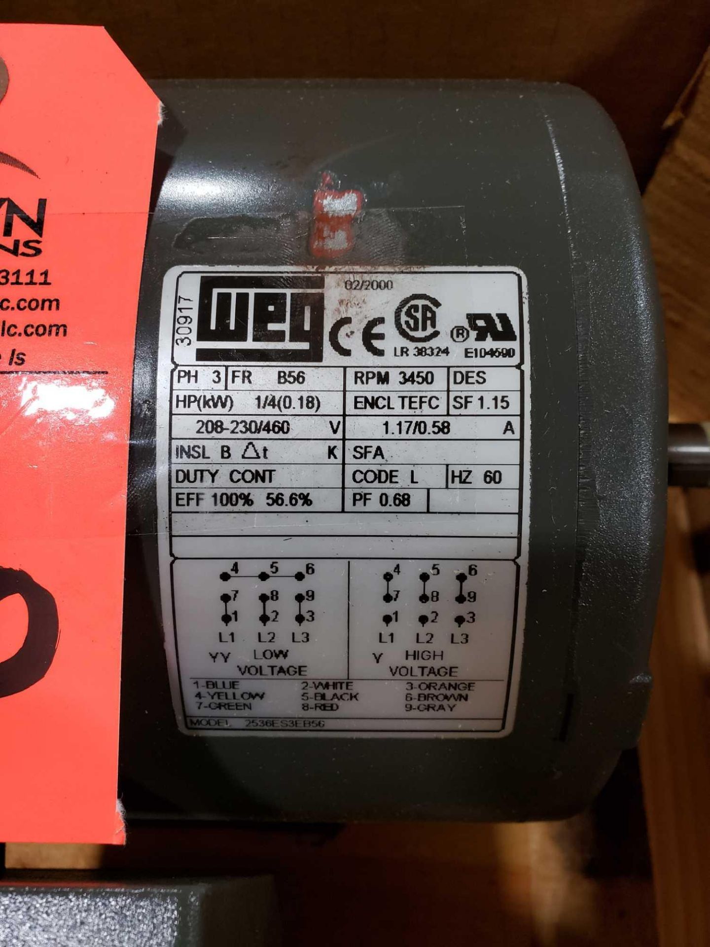 WEG motor model 2536ES3EB56, 1/4hp, 3 phase, 208-230/460v. New in box. - Image 2 of 3