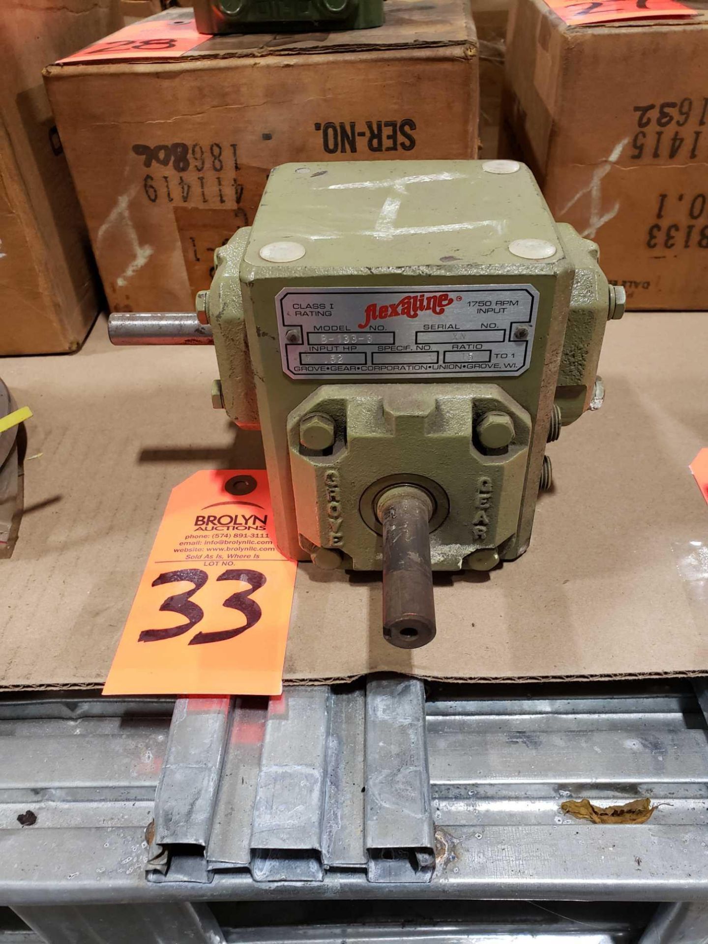 Grove Gear Flexaline mdoel B-133-3 gearbox. Ratio 15:1. Appears unused with storage wear.