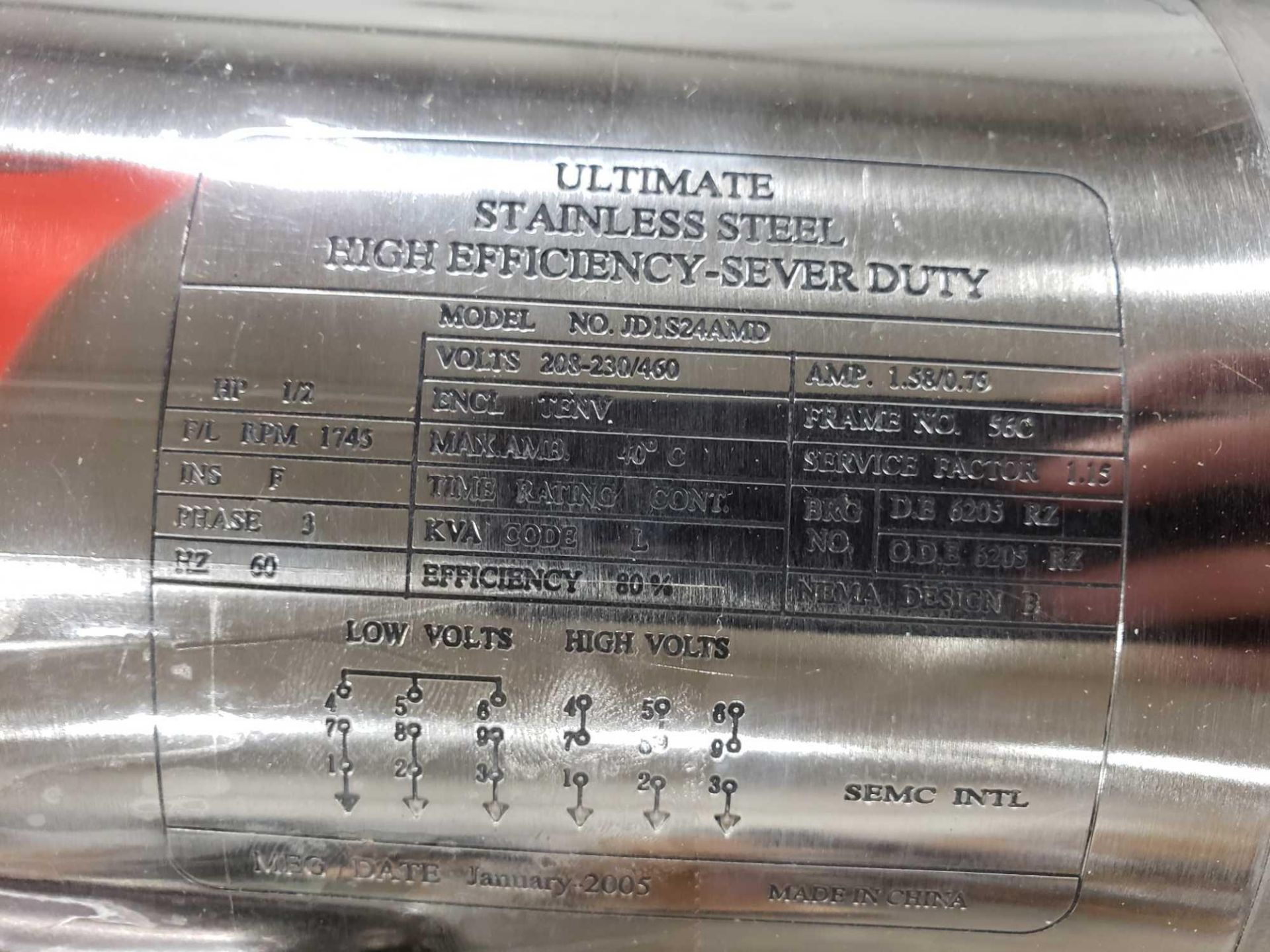 Ultimate Stainless Steel High Efficiency Severe Duty motor model JD1S24AMD, 1/2hp, 3 phase 208/460v. - Image 2 of 3