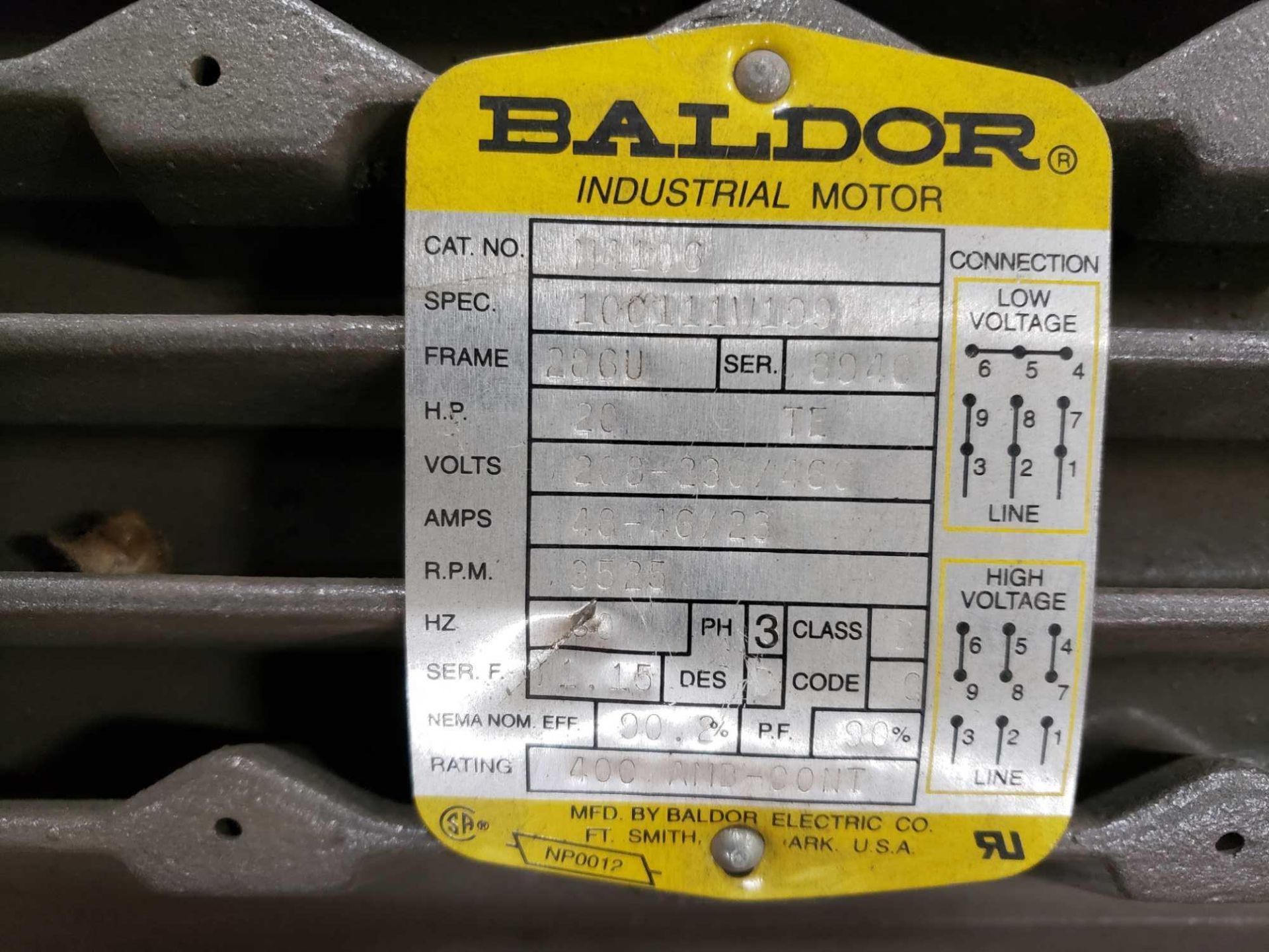 20hp Baldor motor model M4106. Frame 286U, 3525rpm, 208-230/460v 3 phase. New in box. - Image 2 of 4