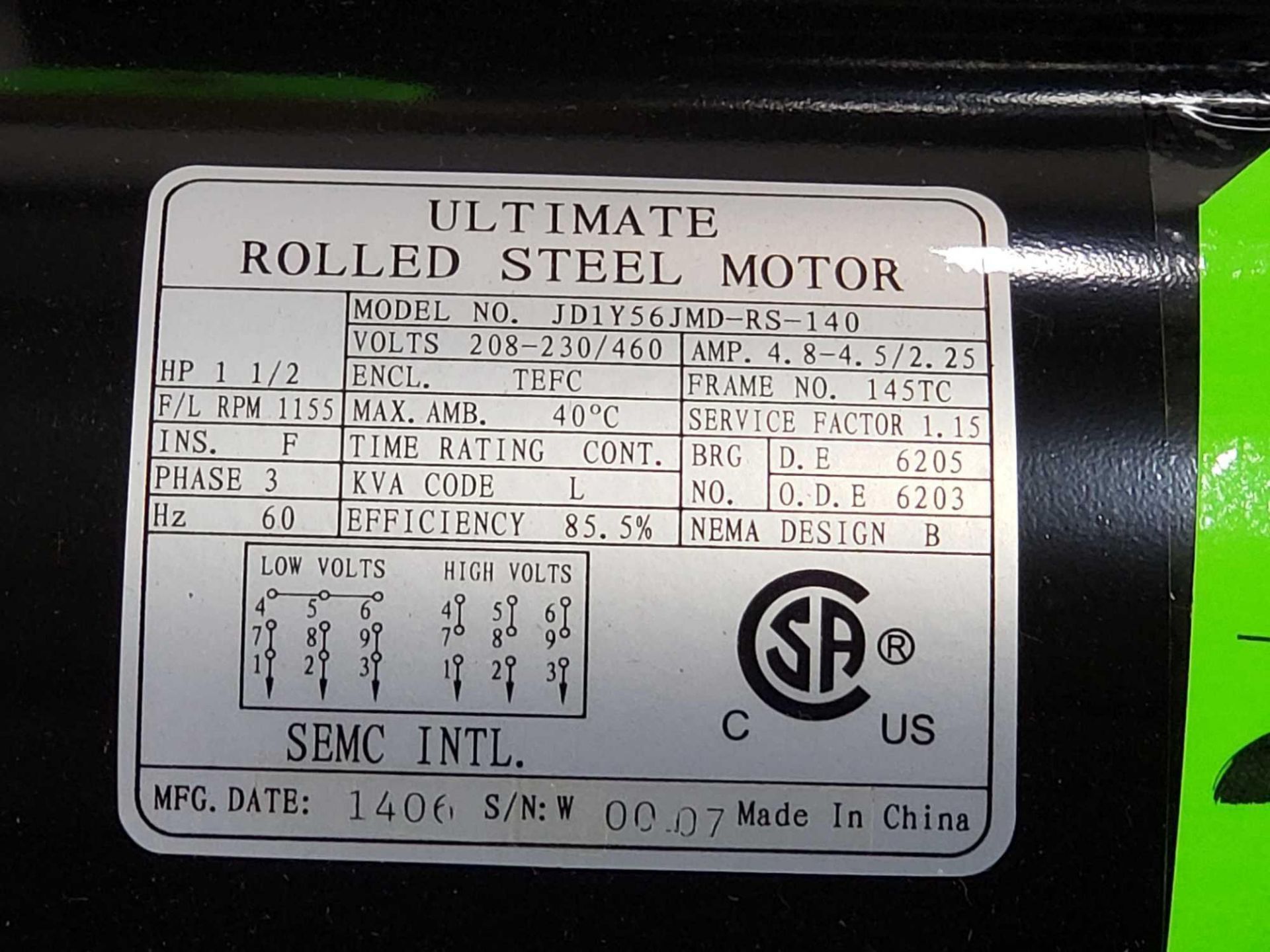 1 1/2hp Ultimate Rolled Steel Motor model JD1y56jmd-rs-140. 208-230/460V 3 phase, 1155rpm, 145TC. - Image 2 of 2