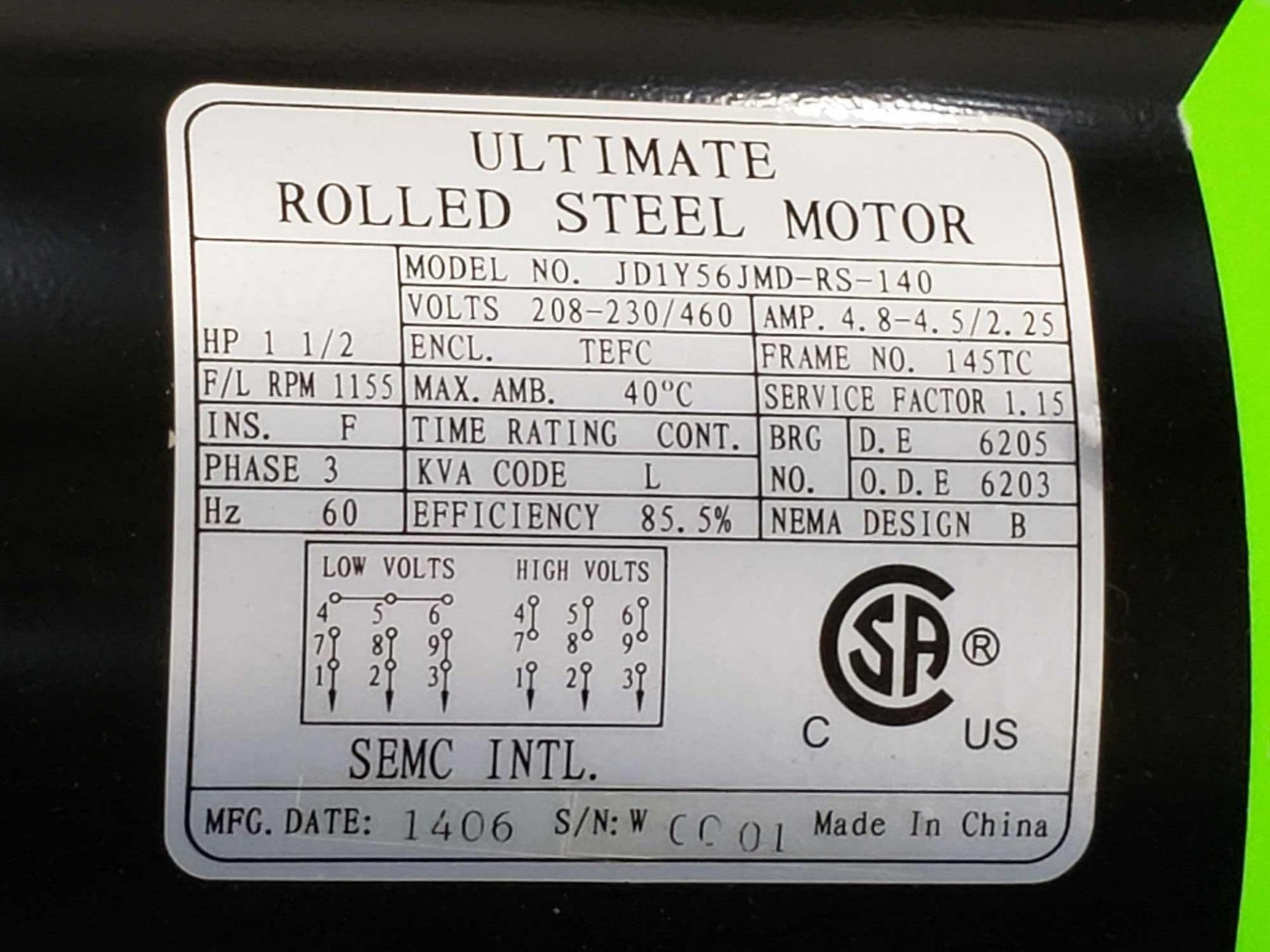 1 1/2hp Ultimate Rolled Steel Motor model JD1y56jmd-rs-140. 208-230/460V 3 phase, 1155rpm, 145TC. - Image 2 of 2