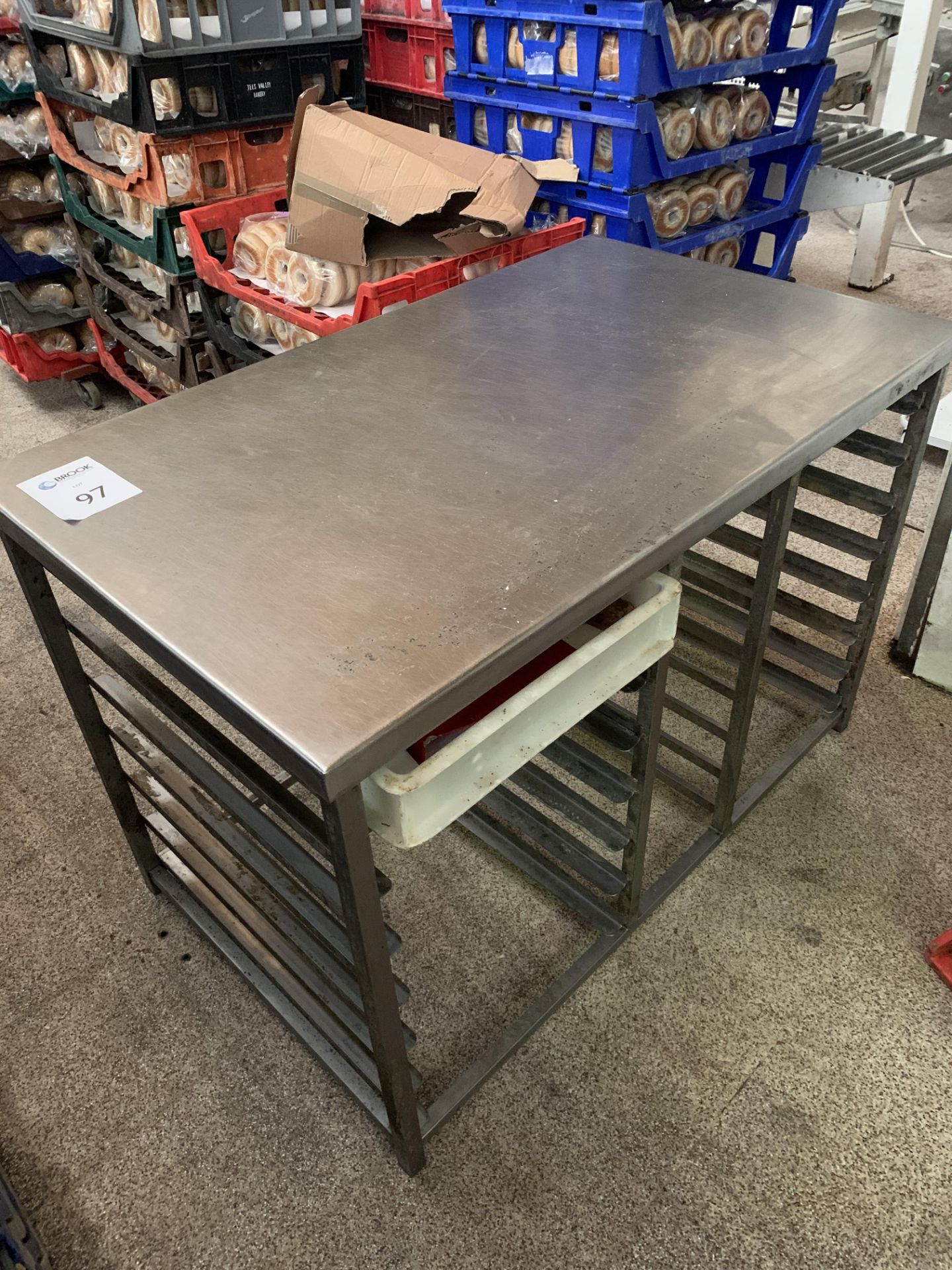 stainless steel table complete with rack storage approx. 4ft x 3 ft