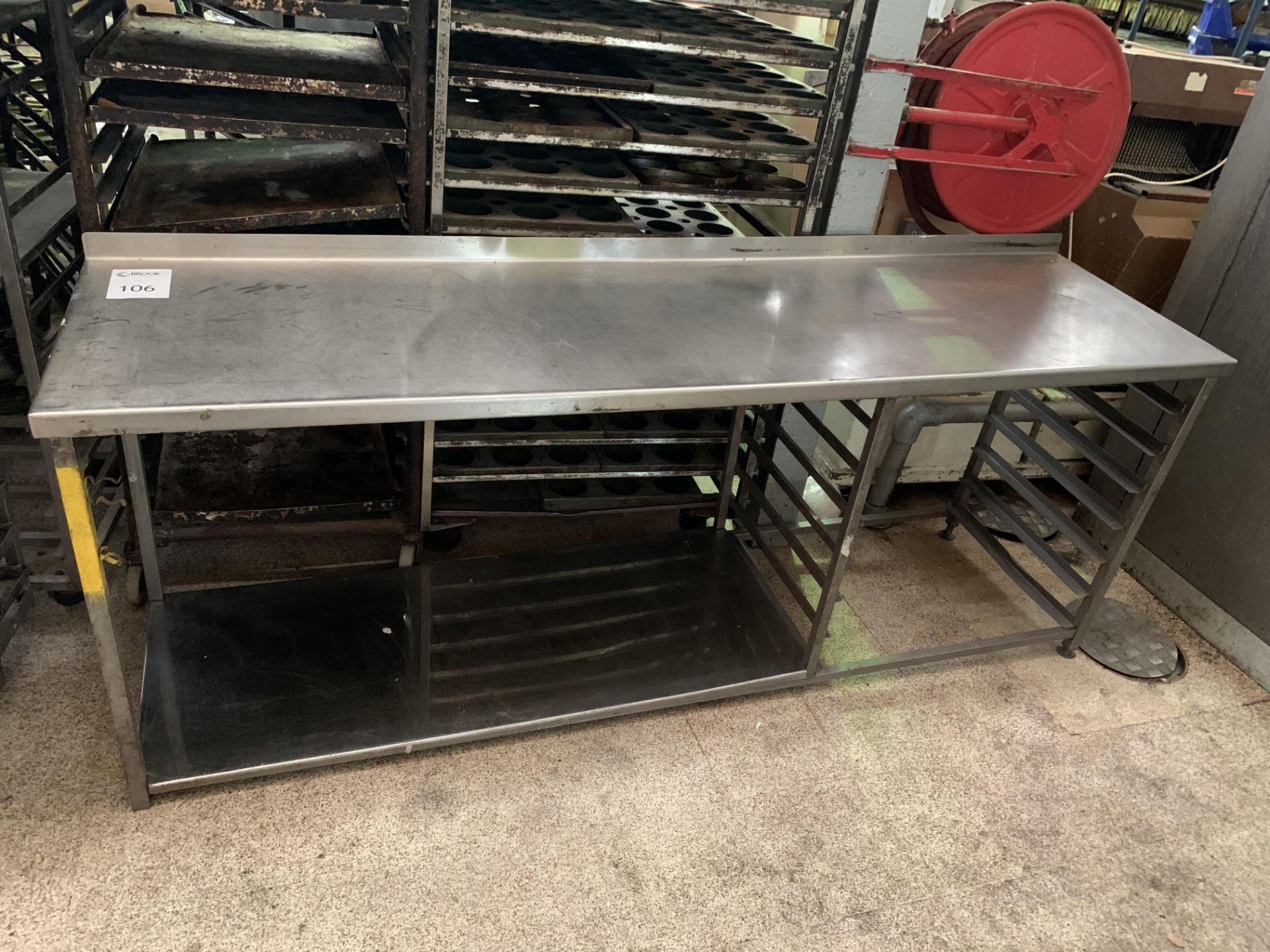 stainless steel table approx. 8ft long with tray storage