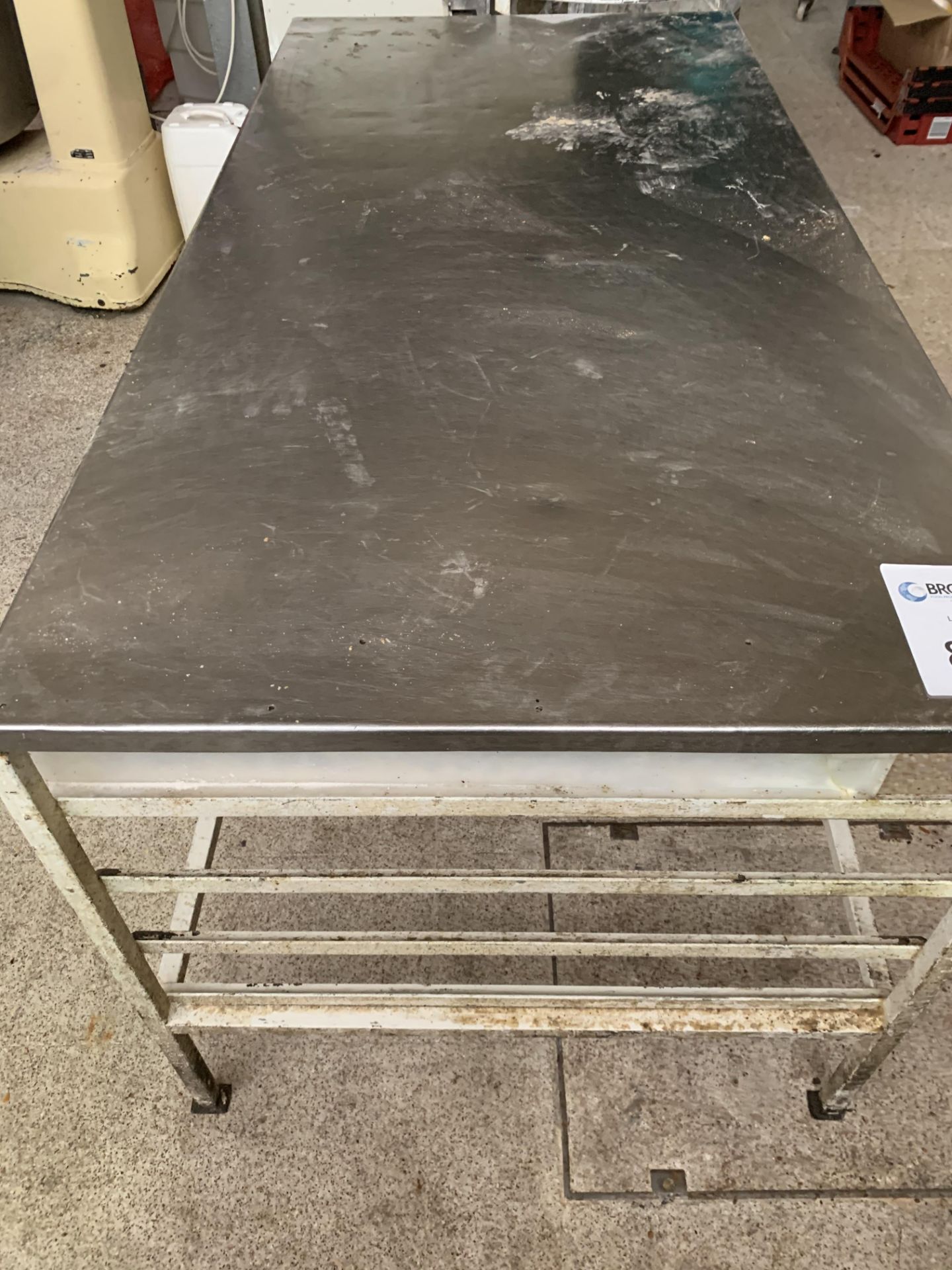 mild steel framed table with tray storage approx. 6ft