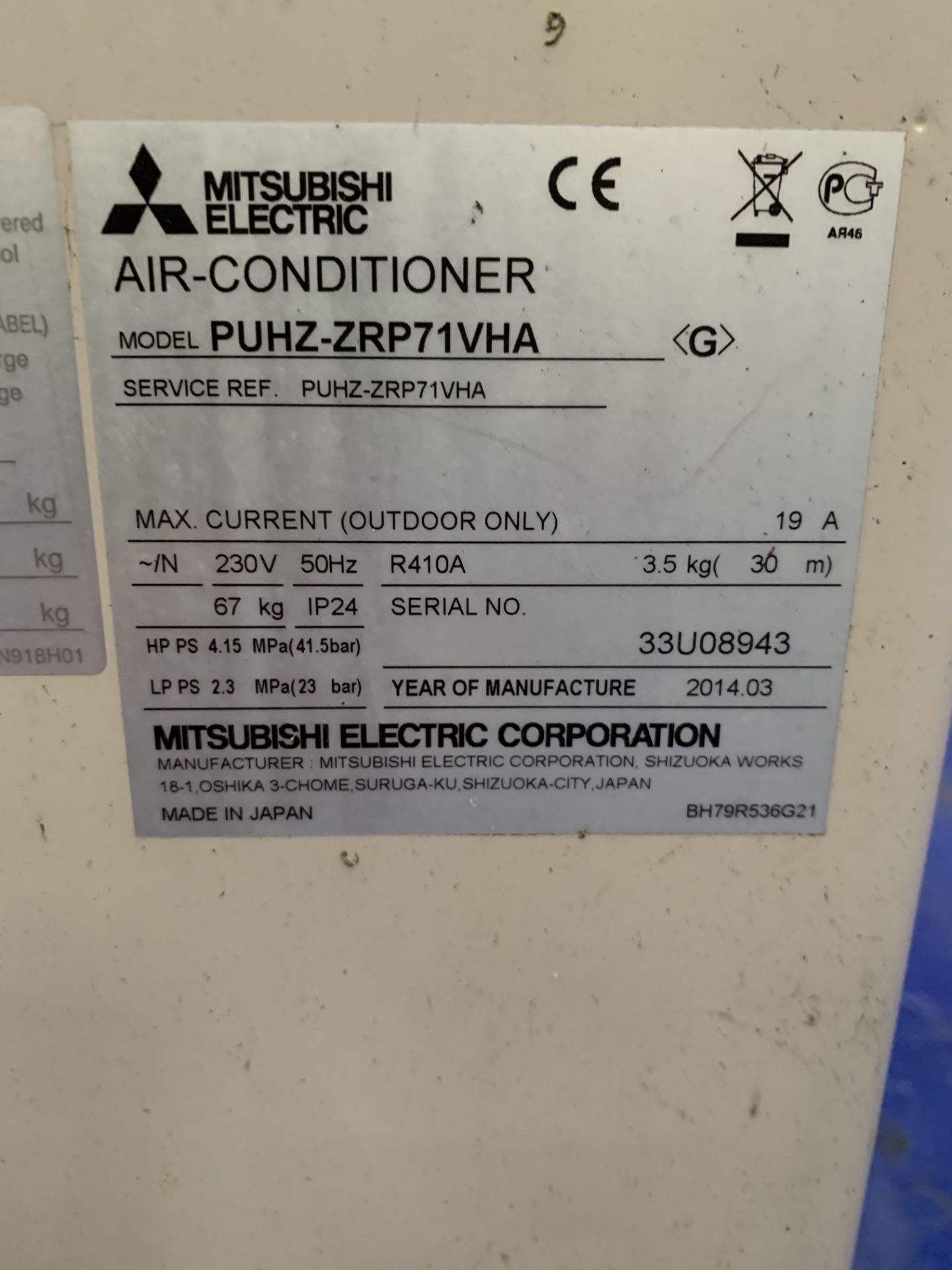 mitsubishi air conditioning unit model puhz-zrp71vha - Image 2 of 2