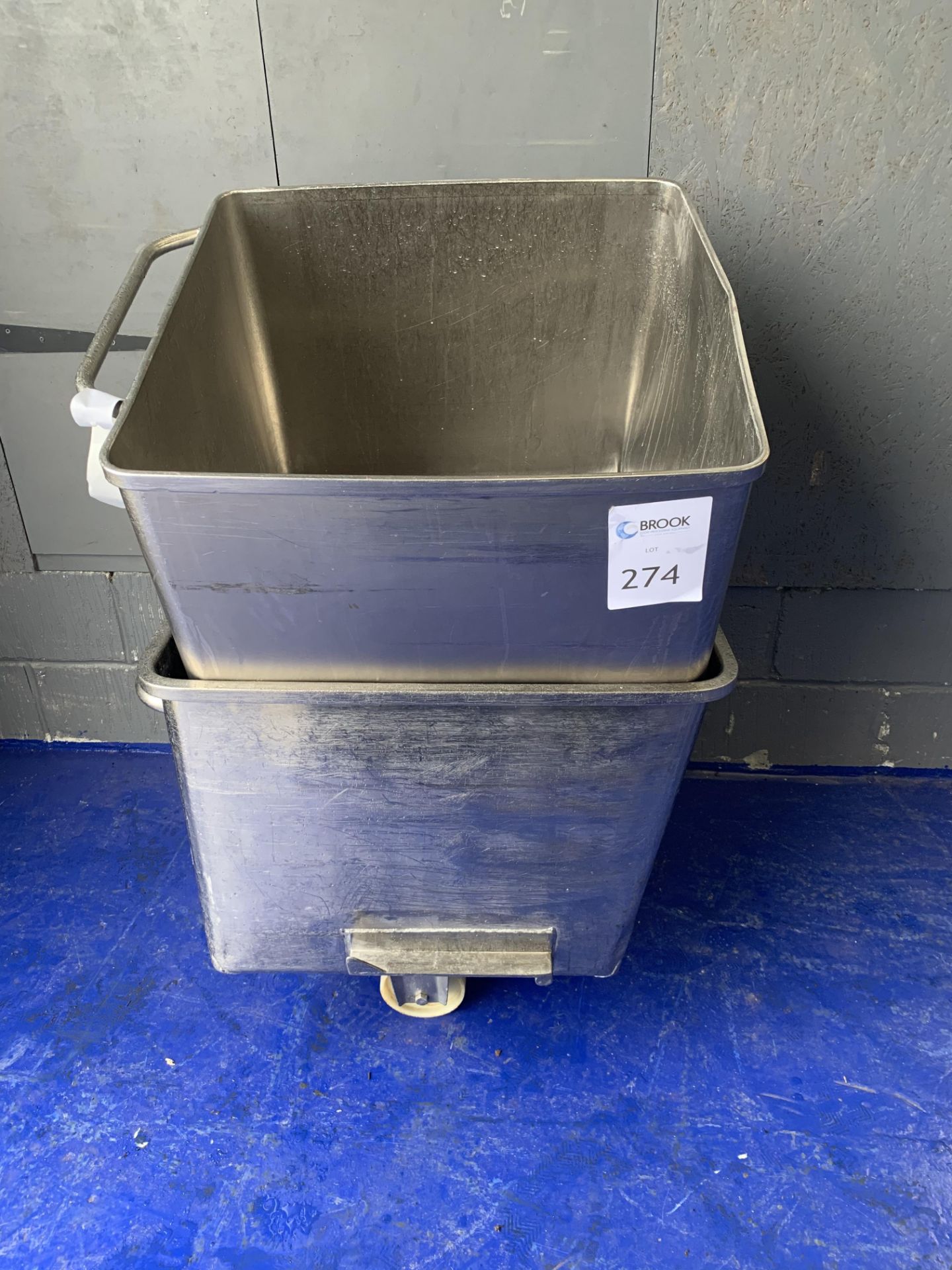 2x stainless steel tote bins