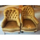 A Pair of 19th Century Ladies and Gents Armchairs, Upholstered in later fabric, raised on brass