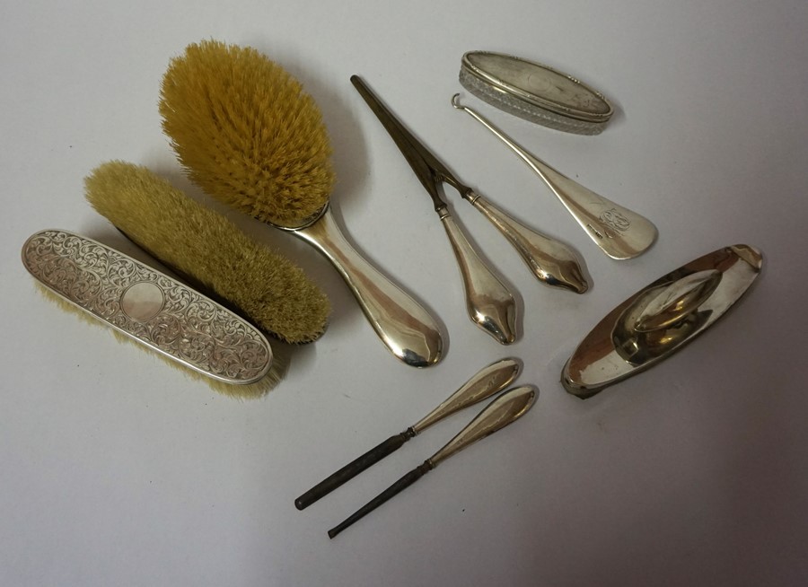 A Mixed Lot of Silver Manicure and Dressing Table Items, To include a silver backed three piece