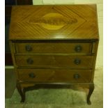 A Mahogany Inlaid Writing Bureau, With a hinged fall front enclosing fitted drawers and pigeon